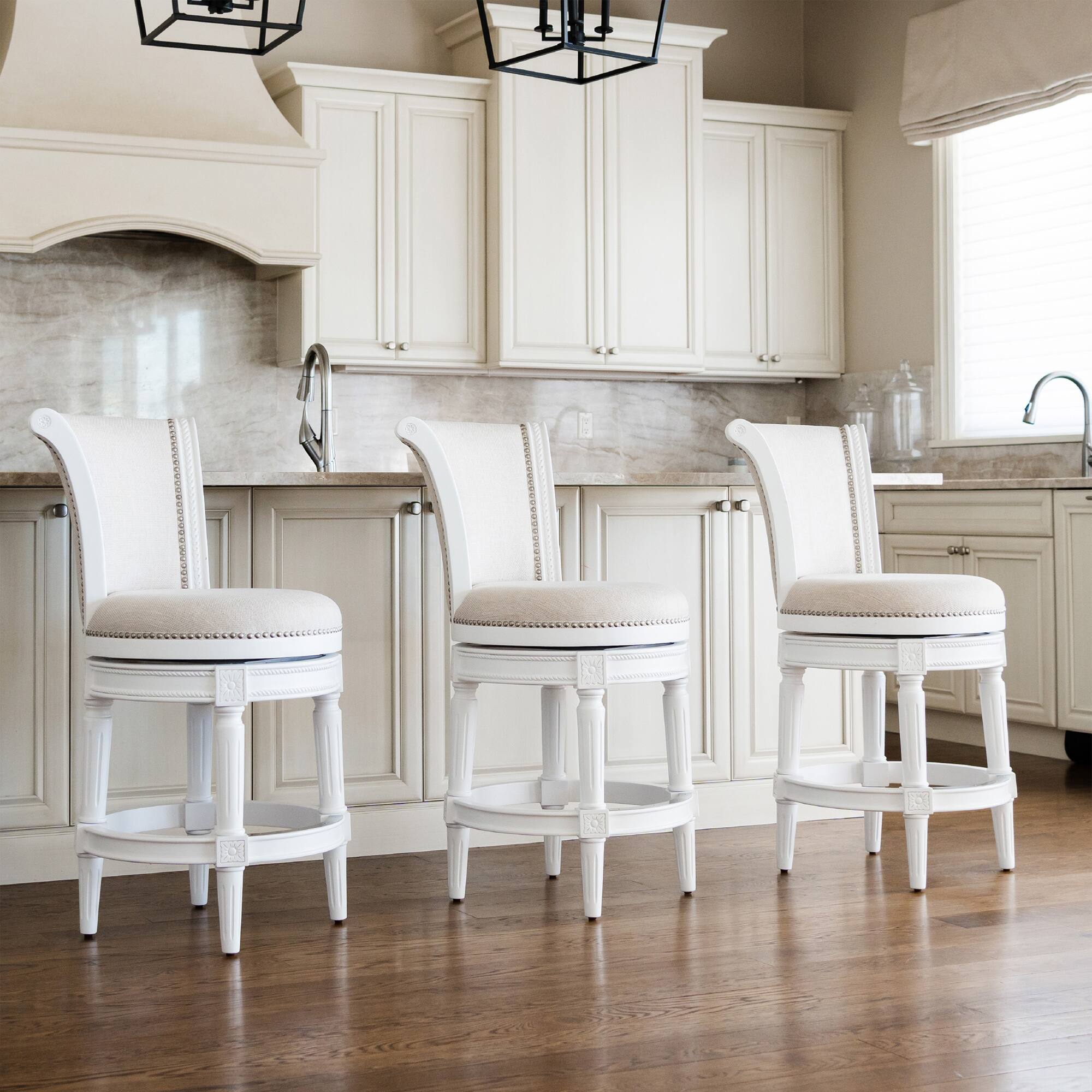 Alt View 4. Maven Lane - Maven Lane Pullman Wooden Swivel Kitchen Stool, Alabaster White Finish, Set of 3 - Alabaster White.