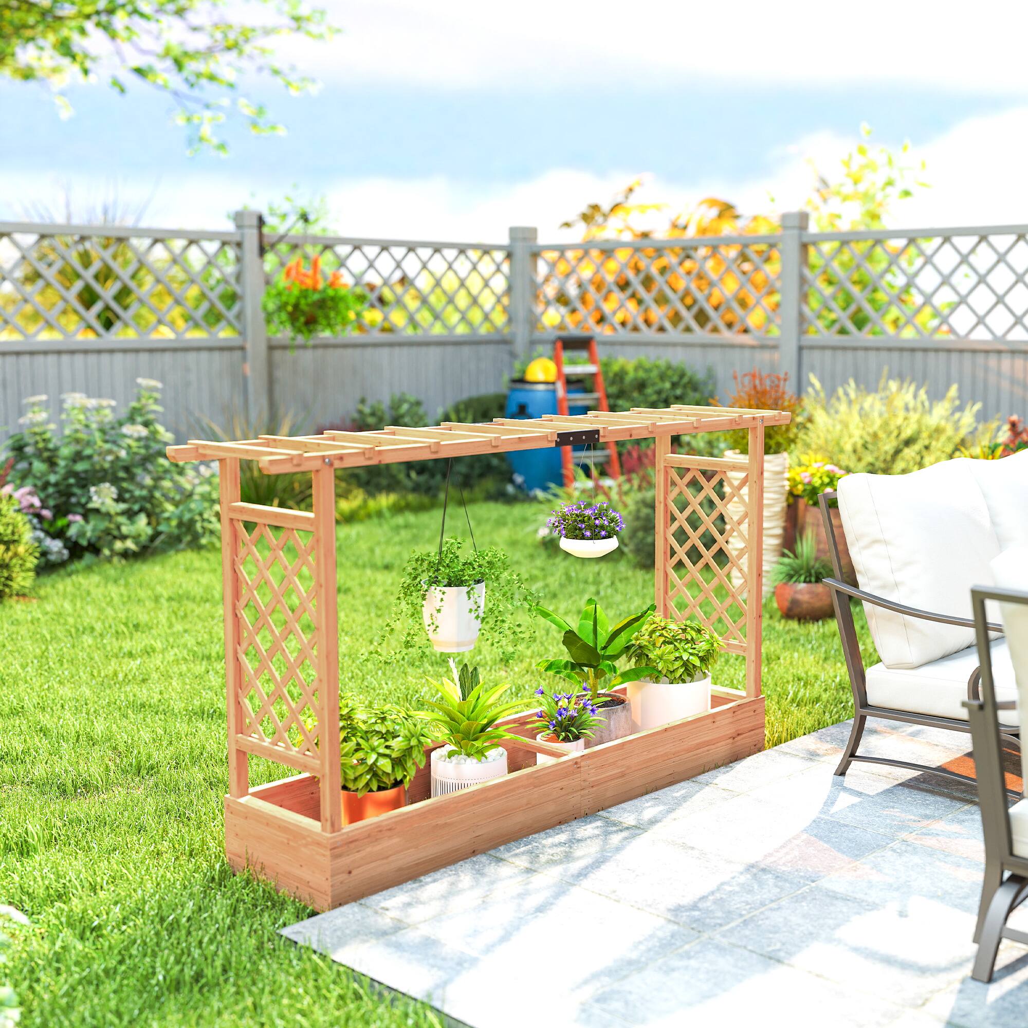 Alt View 7. Outsunny - Raised Garden Bed with Trellis, Wooden Planter Box with Hanging Roof and Drainage Holes.
