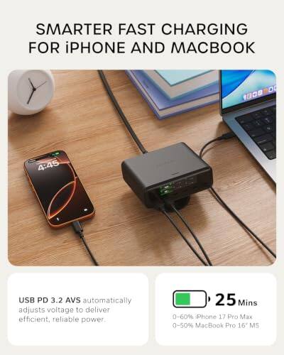 SMARTER FAST CHARGING FOR iPHONE AND MACBOOK

4:45

USB PD 3.2 AVS automatically adjusts voltage to deliver efficient, reliable power.

25 Mins
0-60% iPhone 17 Pro Max
0-50% MacBook Pro 16" M5