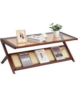 Glintex - Rattan Coffee Table, Z-Shaped Bamboo Woven Center Table with Tempered Glass Top and Storage for Living Room - Walnut