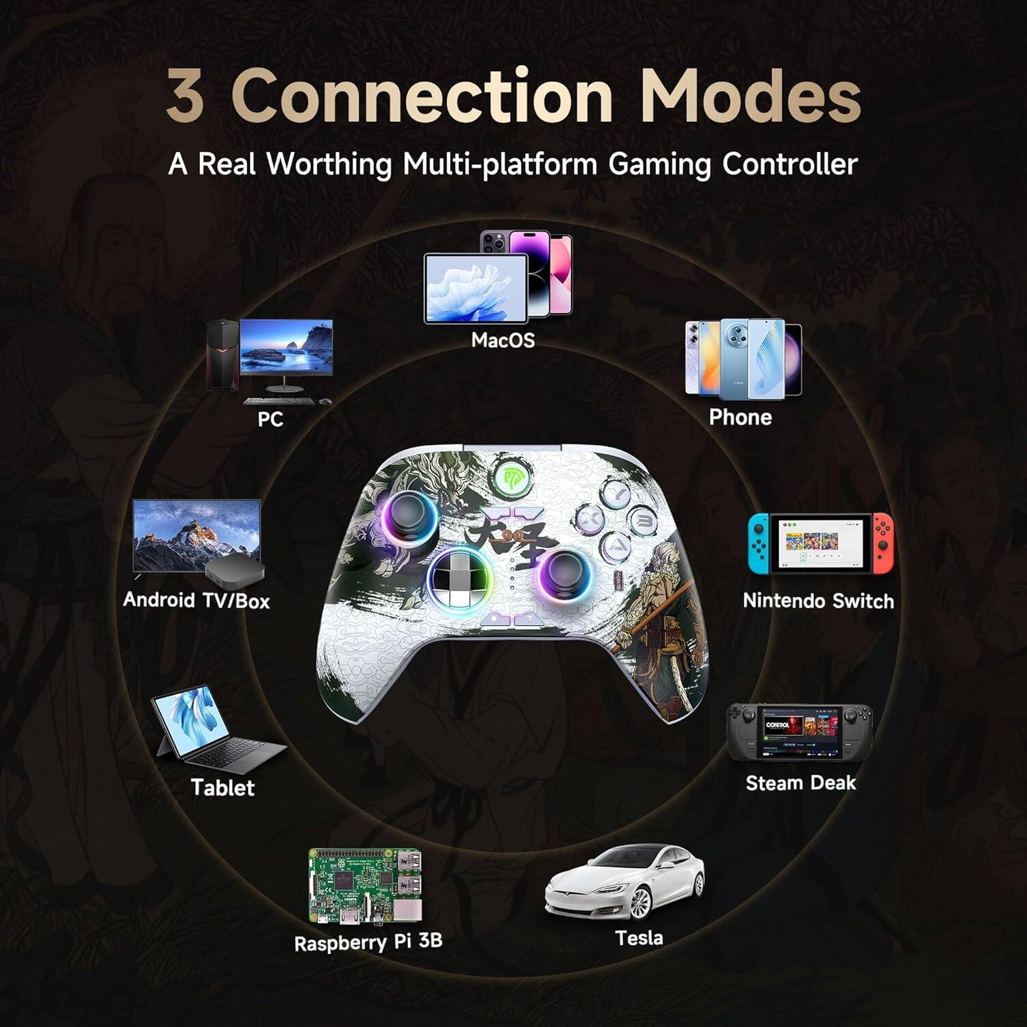3 Connection Modes  
A Real Worthing Multi-platform Gaming Controller  

- PC  
- MacOS  
- Phone  
- Android TV/Box  
- Tablet  
- Nintendo Switch  
- Steam Deck  
- Raspberry Pi 3B  
- Tesla