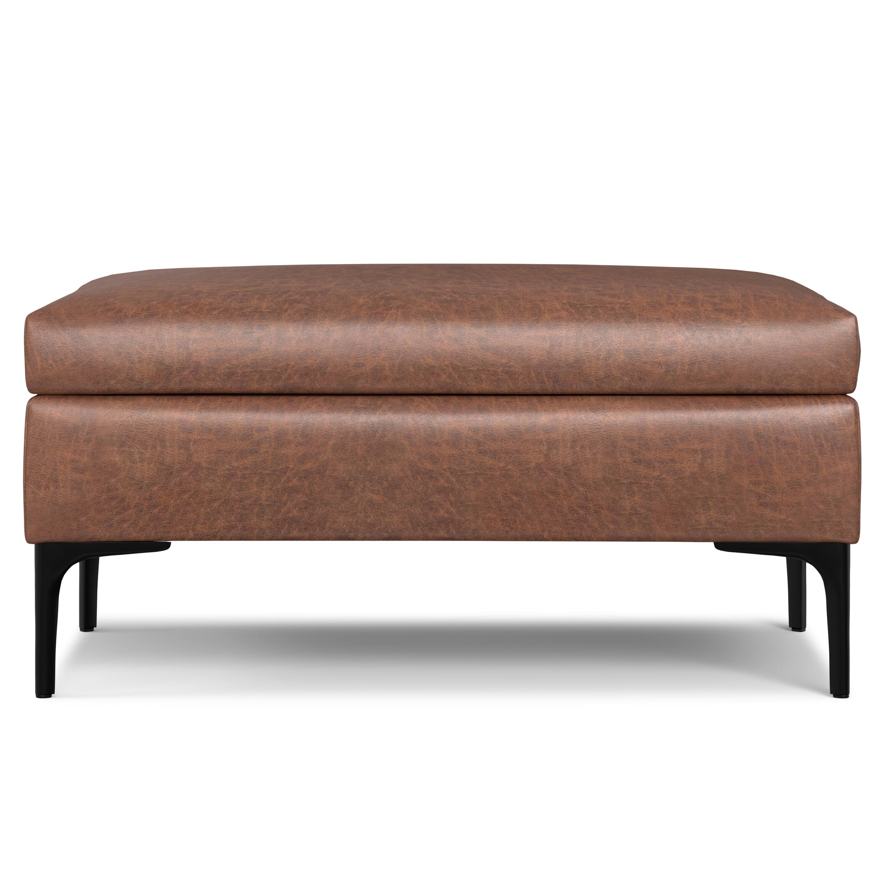 Left. Simpli Home - Rebecca 36 inch Wide Rectangular Coffee Table Storage Ottoman with Lift Up Lid in Distressed Saddle Brown Vegan Leather - Distressed Saddle Brown.