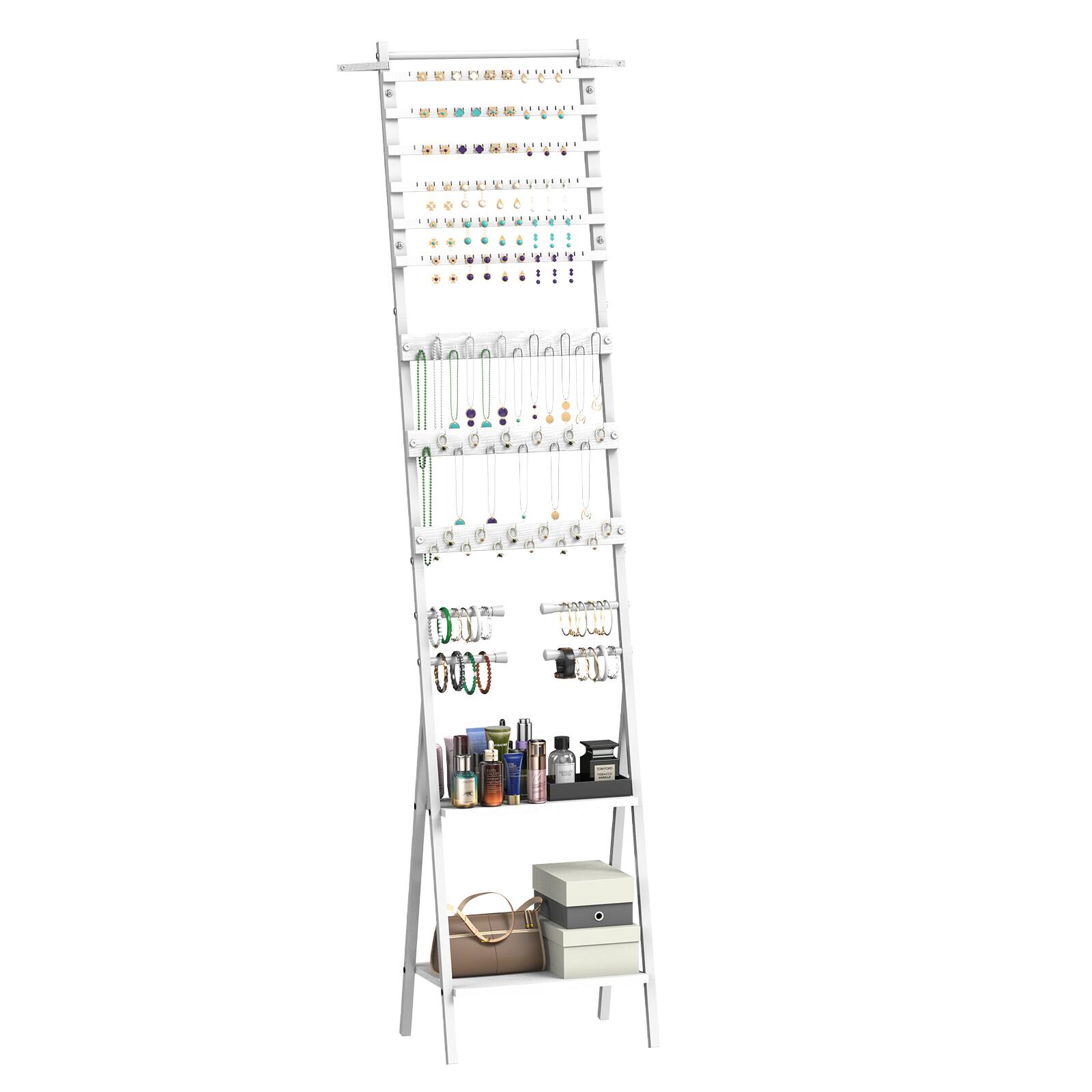 Alt View 1. Oumilen - Leaning Jewelry Storage Ladder Rack, White Wood Metal Freestanding Earring Necklace Bracelet Organizer - White.