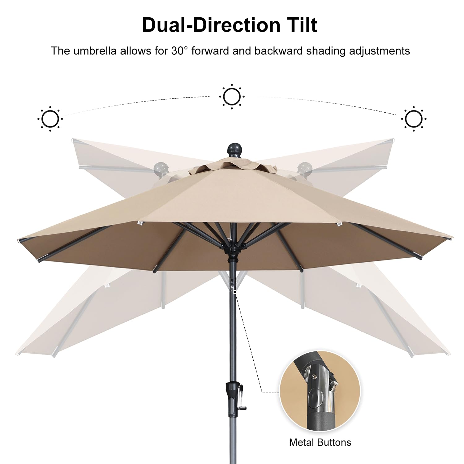 Dual-Direction Tilt  
The umbrella allows for 30° forward and backward shading adjustments  
Metal Buttons