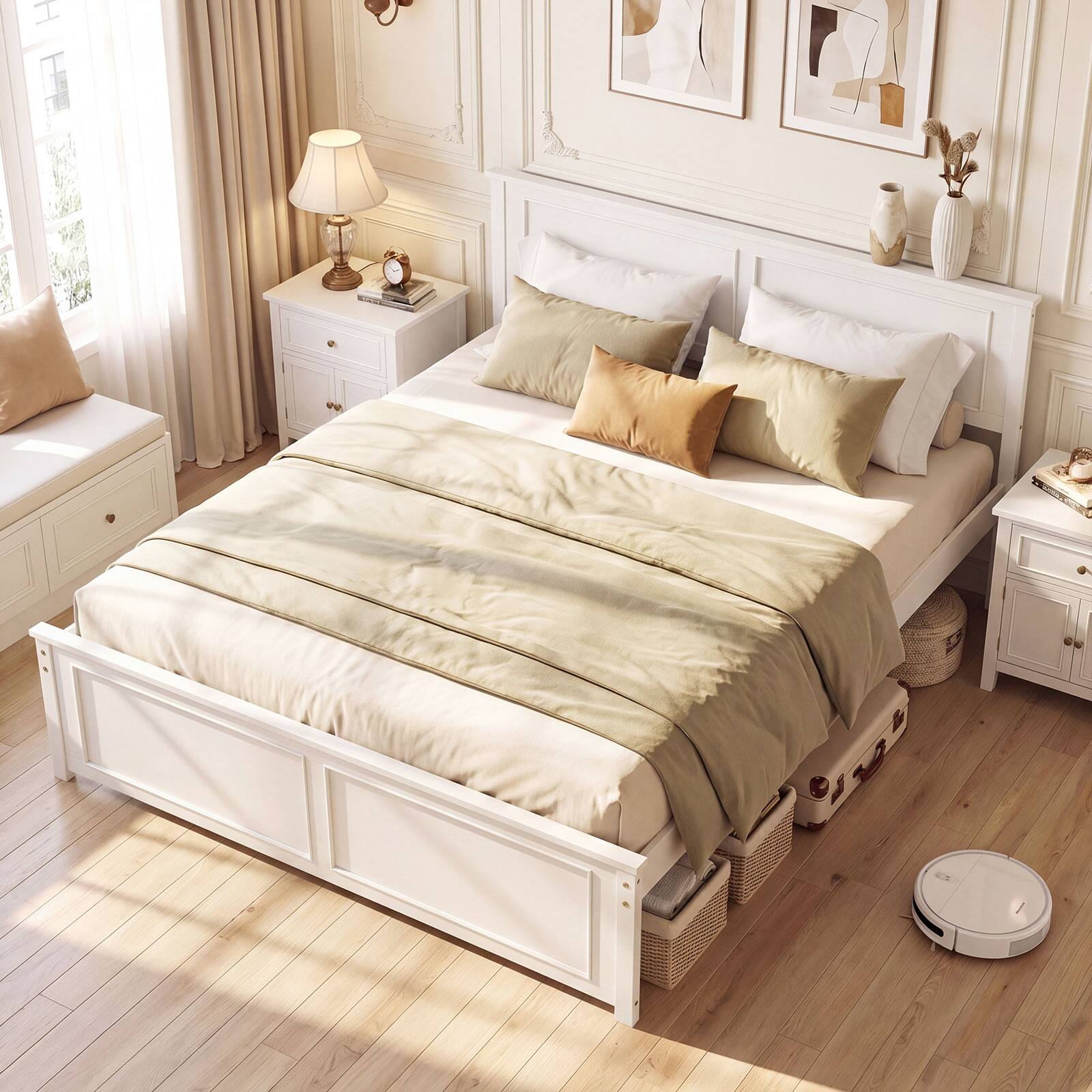 Gymax - Queen Size Bed Frame Farmhouse Wooden Platform Bed w/ Headboard - White