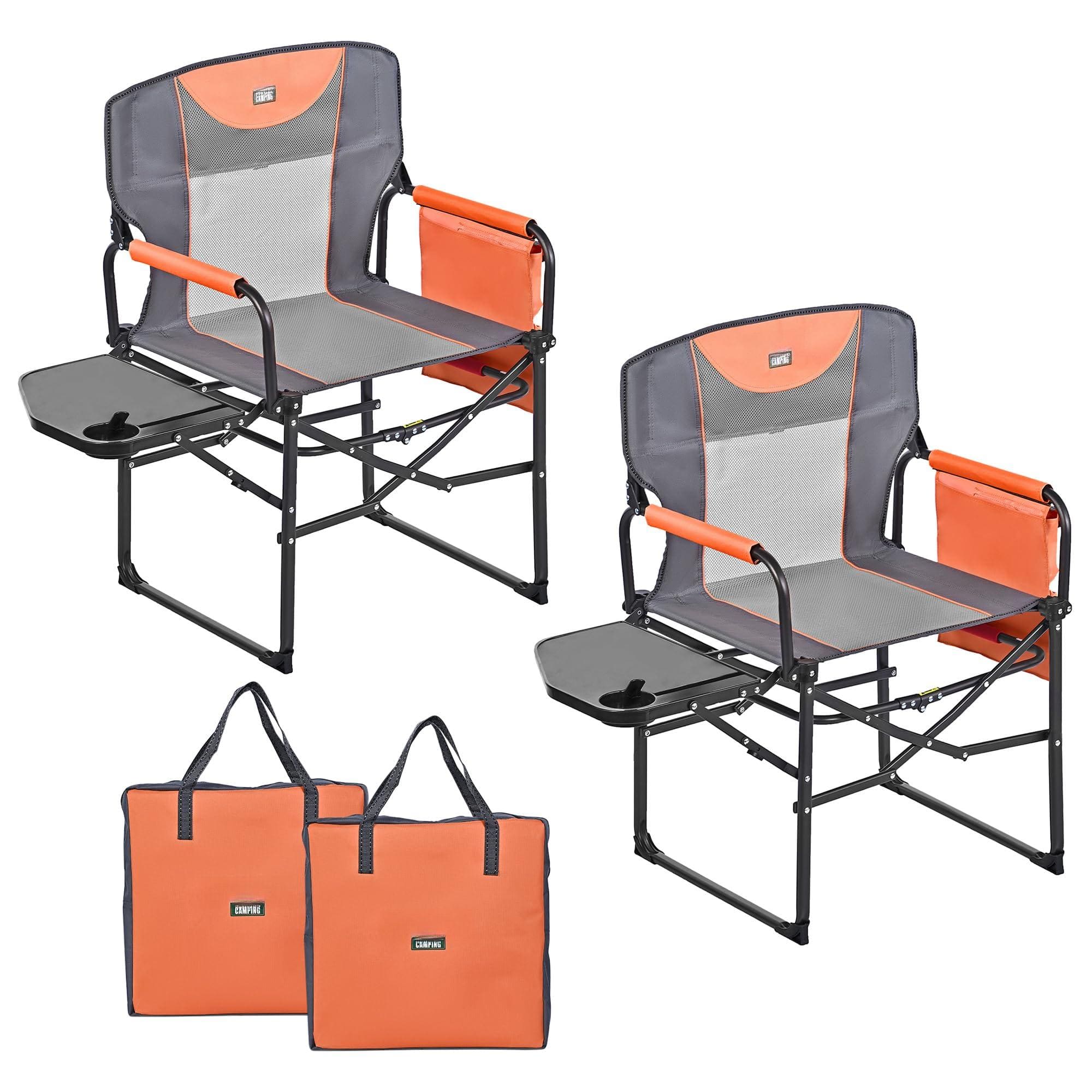 JETRANSPORT - Camping Directors Chair Heavy Duty Oversized Portable Folding With Side Table Pocket For Beach Fishing - Orange-2set