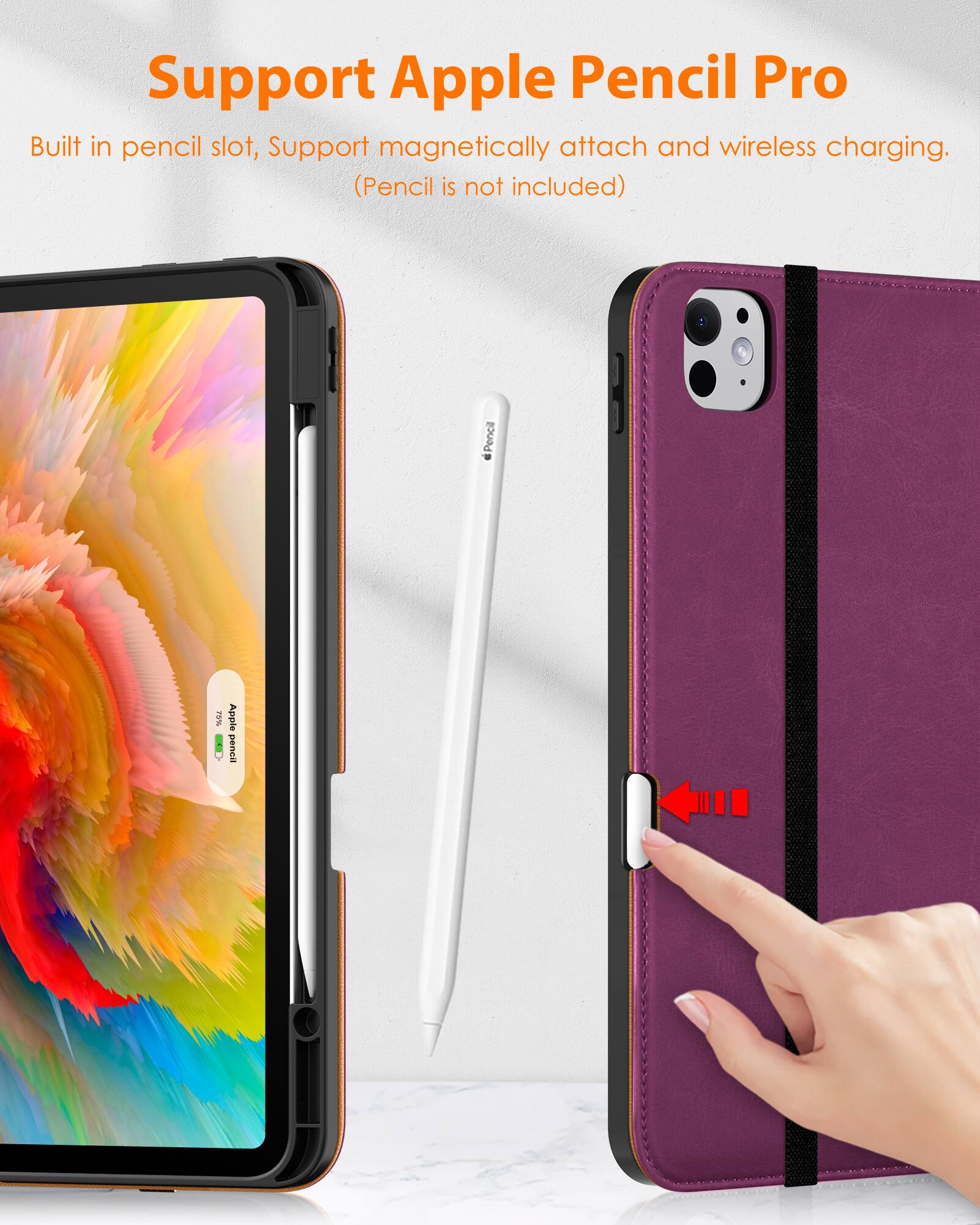 Support Apple Pencil Pro

Built in pencil slot, Support magnetically attach and wireless charging. (Pencil is not included)