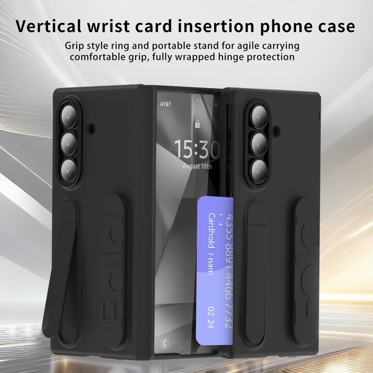 Vertical wrist card insertion phone case  
Grip style ring and portable stand for agile carrying comfortable grip, fully wrapped hinge protection  
AT&T  
15:30  
August 18th  

Cardhold rnam  
4355 8891 4466 02 24 7732