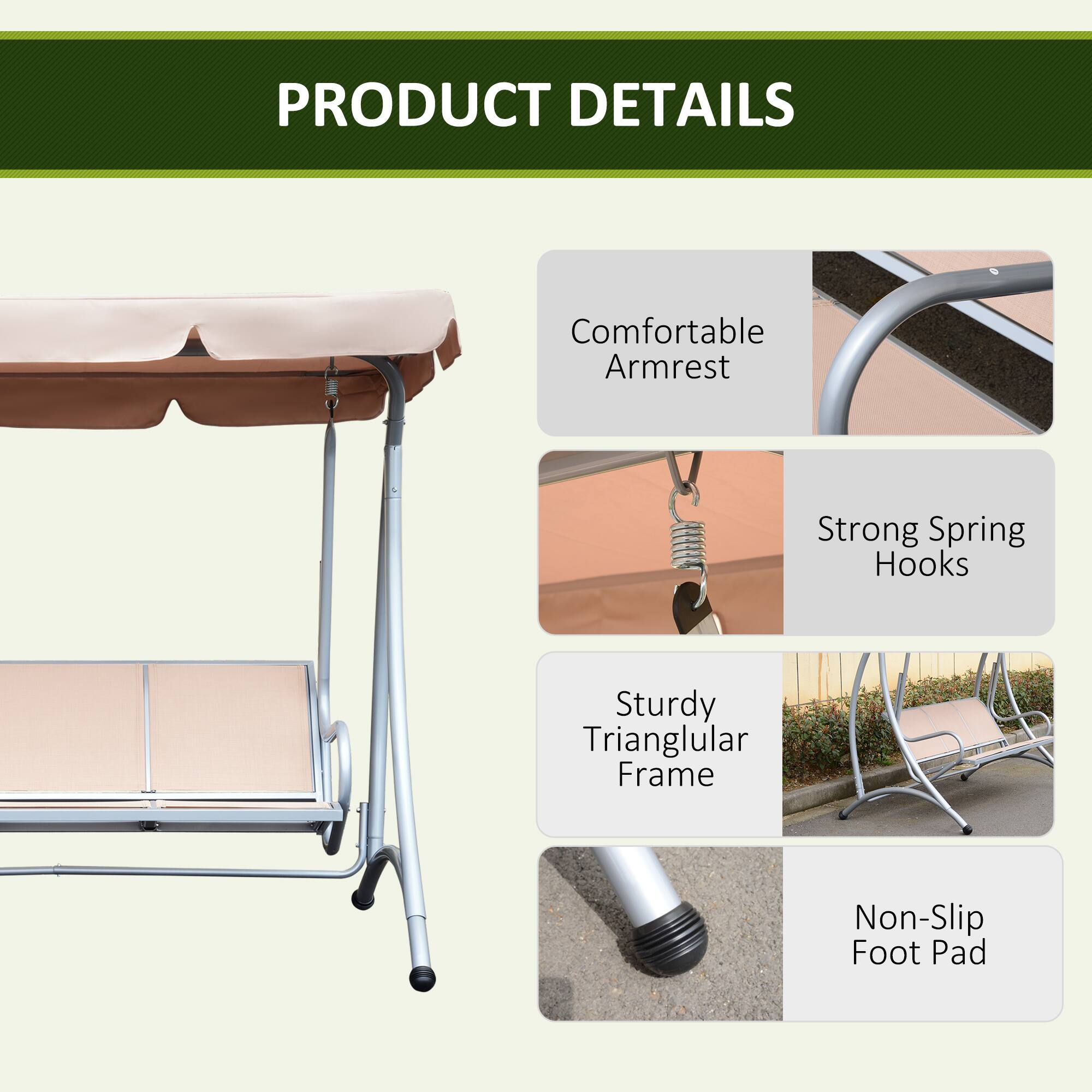 PRODUCT DETAILS

- Comfortable Armrest
- Strong Spring Hooks
- Sturdy Triangular Frame
- Non-Slip Foot Pad