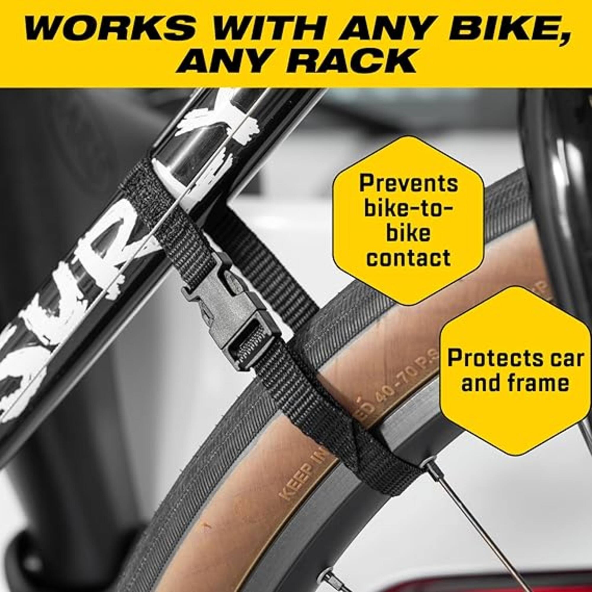 WORKS WITH ANY BIKE, ANY RACK

Prevents bike-to-bike contact

Protects car and frame