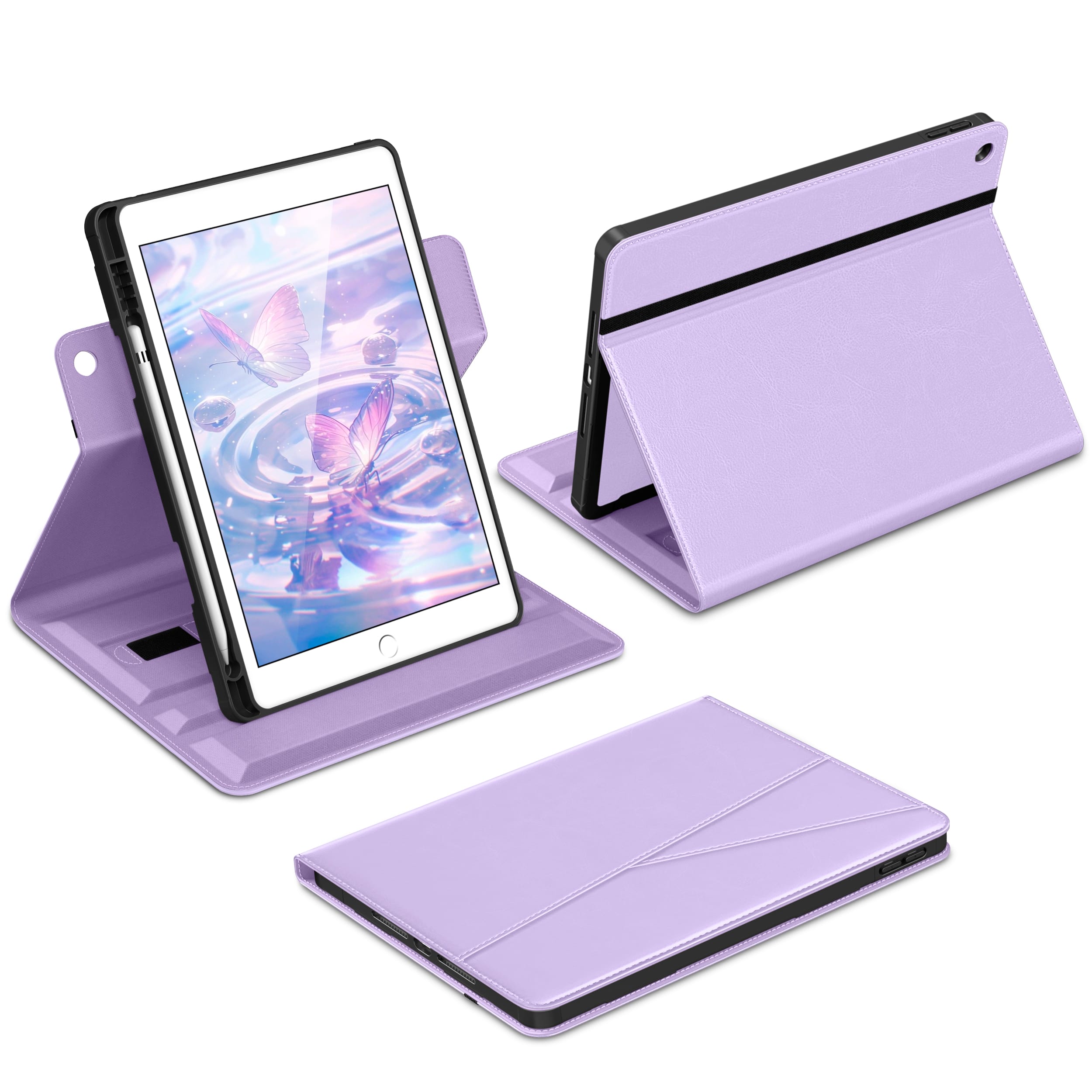 DTTO - Case for iPad 9th / 8th / 7th Generation 10.2-Inch – 360° Rotating Premium Leather Folio Stand Cover with Pencil Holder - Lavender