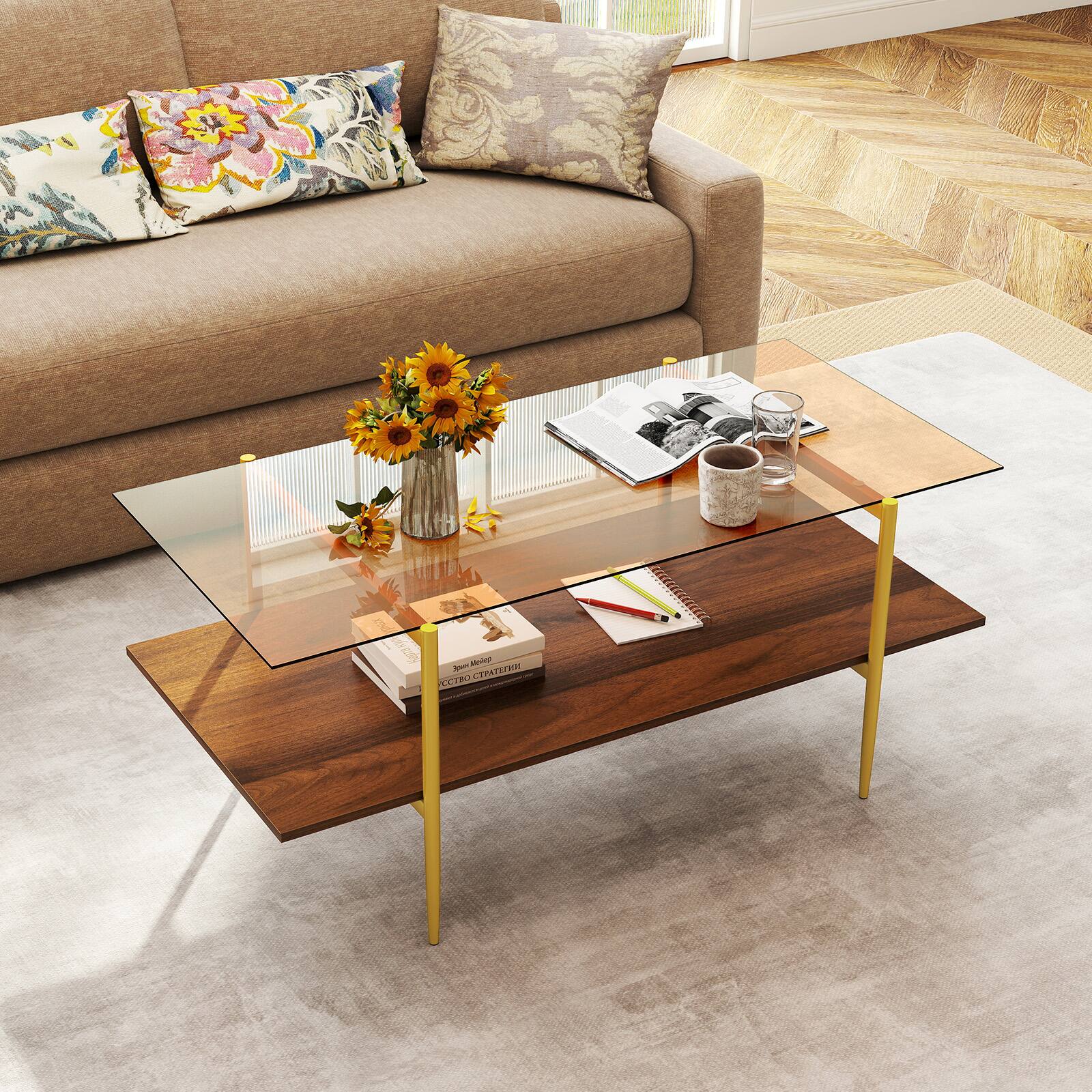 Alt View 1. Gymax - Gymax 2-Tier Glass Coffee Table w/ Tampered Glass Tabletop & Open Storage Shelf - Brown, Gold.