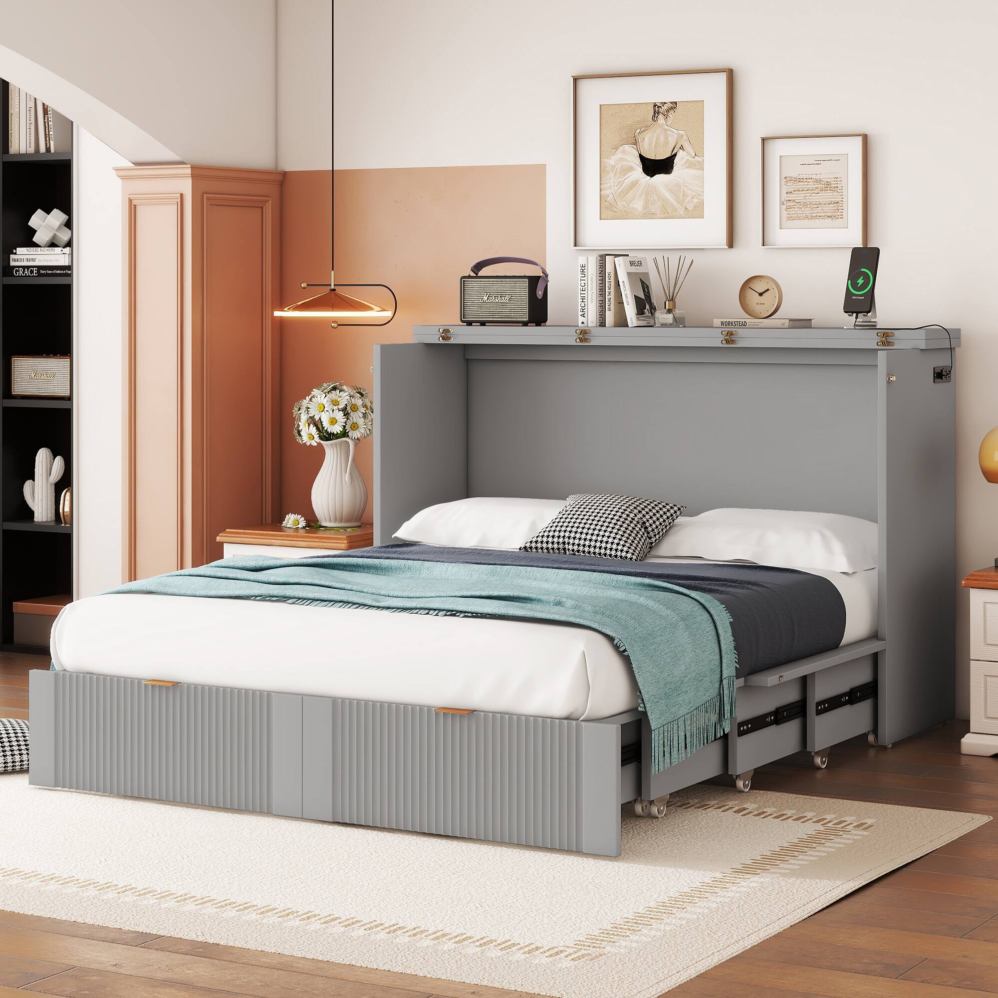 Tiramisubest - Full Size Murphy Bed, Drawer, Sockets, USB, Pulley, Gray, Plywood - Gray