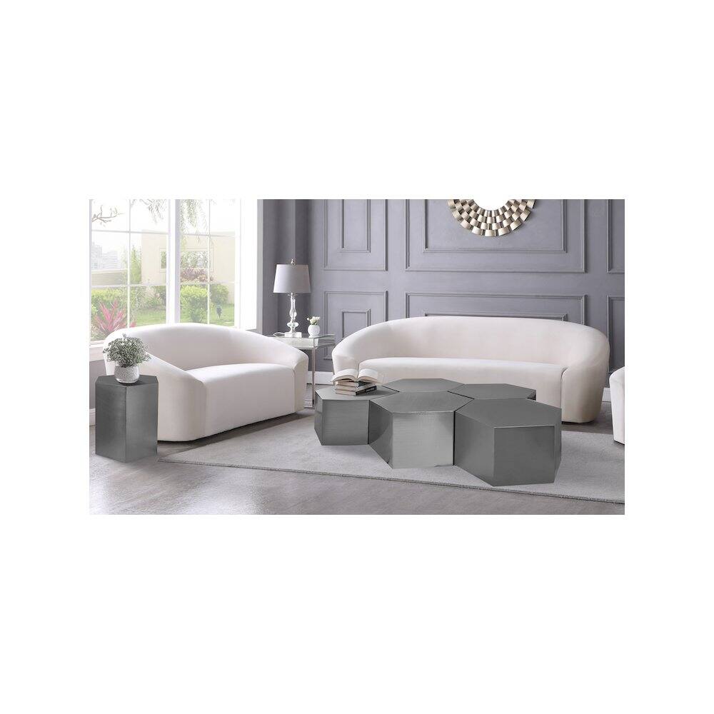 Alt View 1. Meridian Furniture - Hexagon Brushed Chrome Coffee Table - Silver.