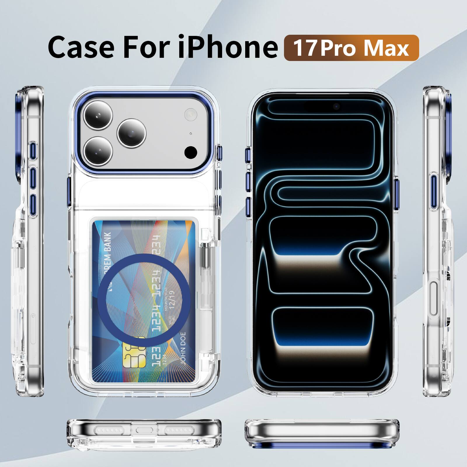 Case For iPhone 17 Pro Max  
i BANK REM  
A hE2T hE2T hE2 E2T  
1234  
MORTIM  
2/19  
JOHN DOE