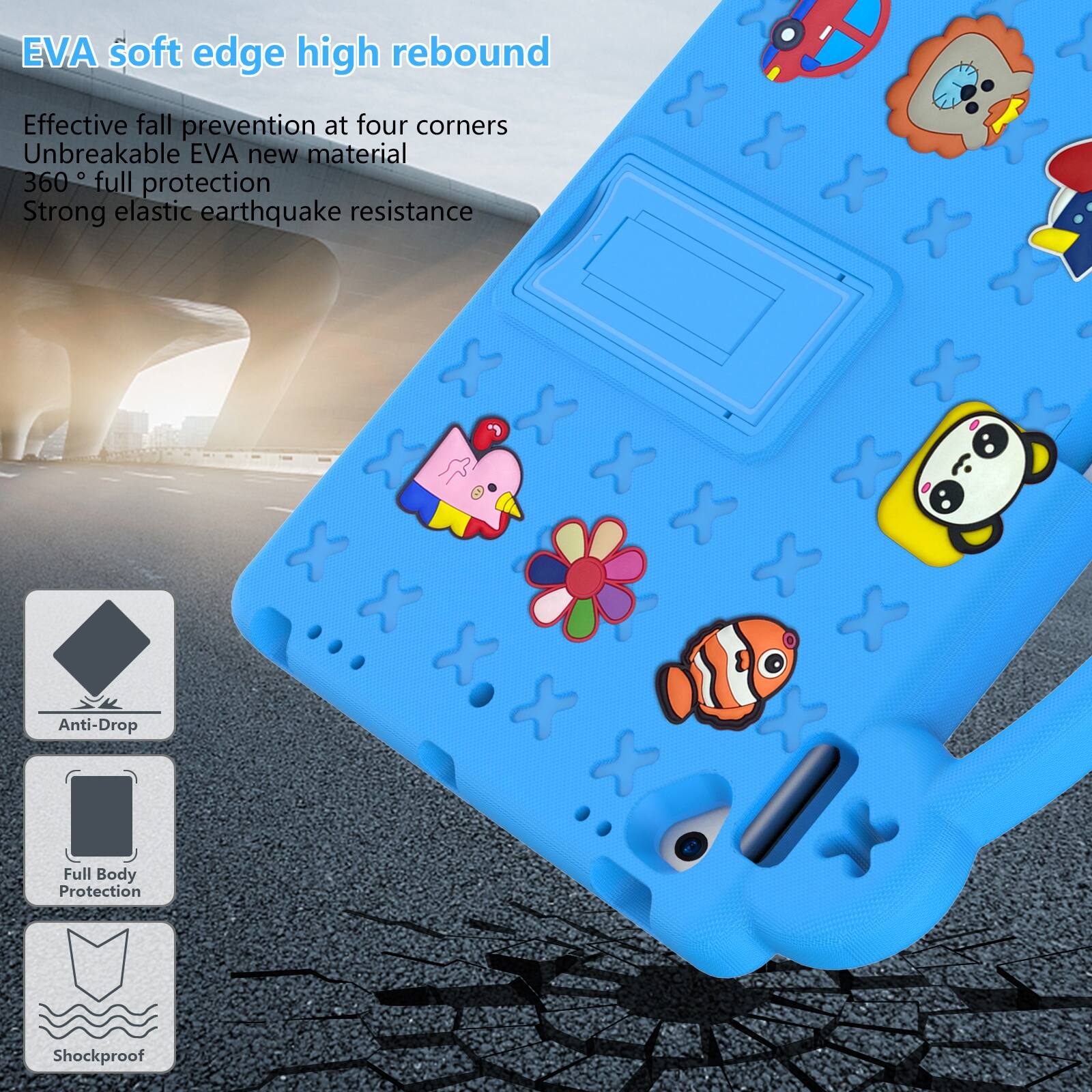 EVA soft edge high rebound  
Effective fall prevention at four corners  
Unbreakable EVA new material  
360° full protection  
Strong elastic earthquake resistance  

Anti-Drop  
Full Body Protection  
Shockproof