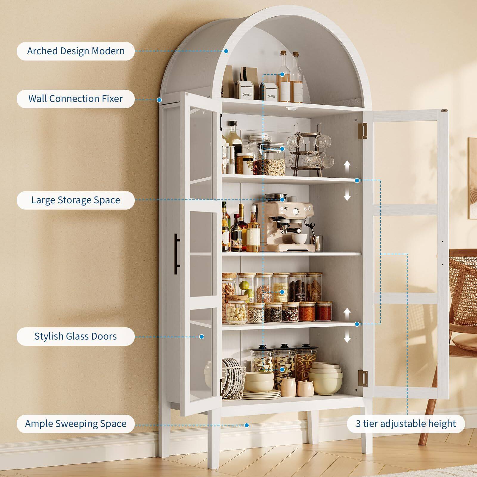 Arched Design Modern  
Wall Connection Fixer  
Large Storage Space  
Stylish Glass Doors  
Ample Sweeping Space  
3 Tier Adjustable Height