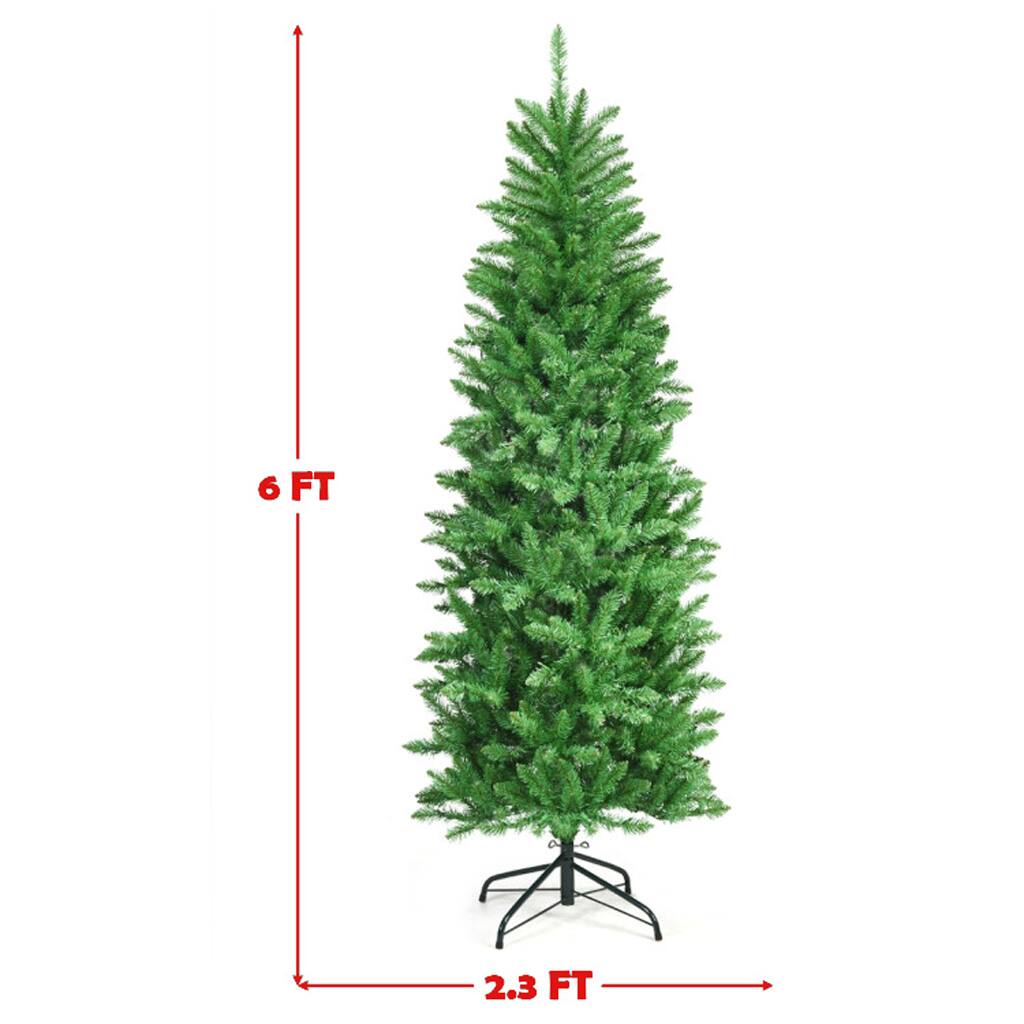Left. BreeBe - Artificial Slim Fir Tree – 5ft 6ft 7ft Prelit with 150 Lights and Hinged Design - Green.