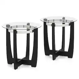 Costway - 2 PCS 24" Round Side Table Glass End Table with Tempered Glass Top Cross - Transparent,Black