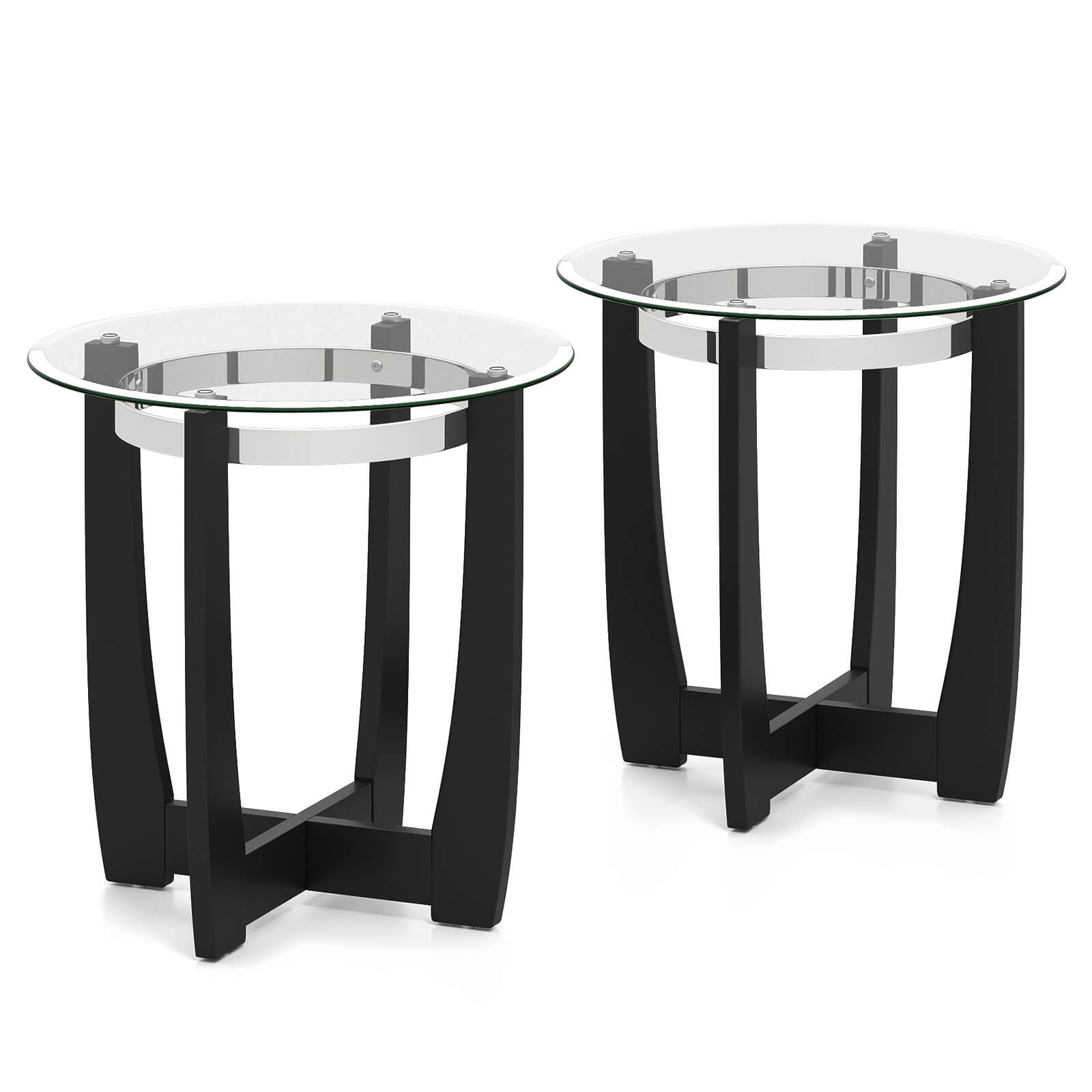 Costway - 2 PCS 24" Round Side Table Glass End Table with Tempered Glass Top Cross - Transparent,Black
