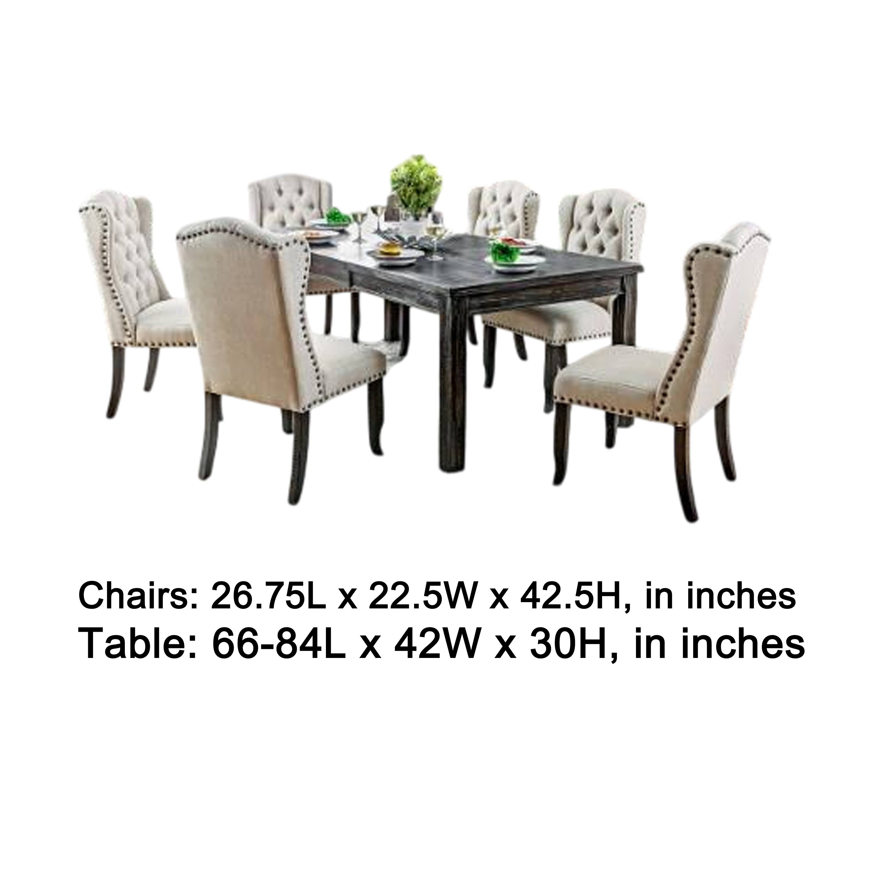 Chairs: 26.75L x 22.5W x 42.5H, in inches  
Table: 66-84L x 42W x 30H, in inches