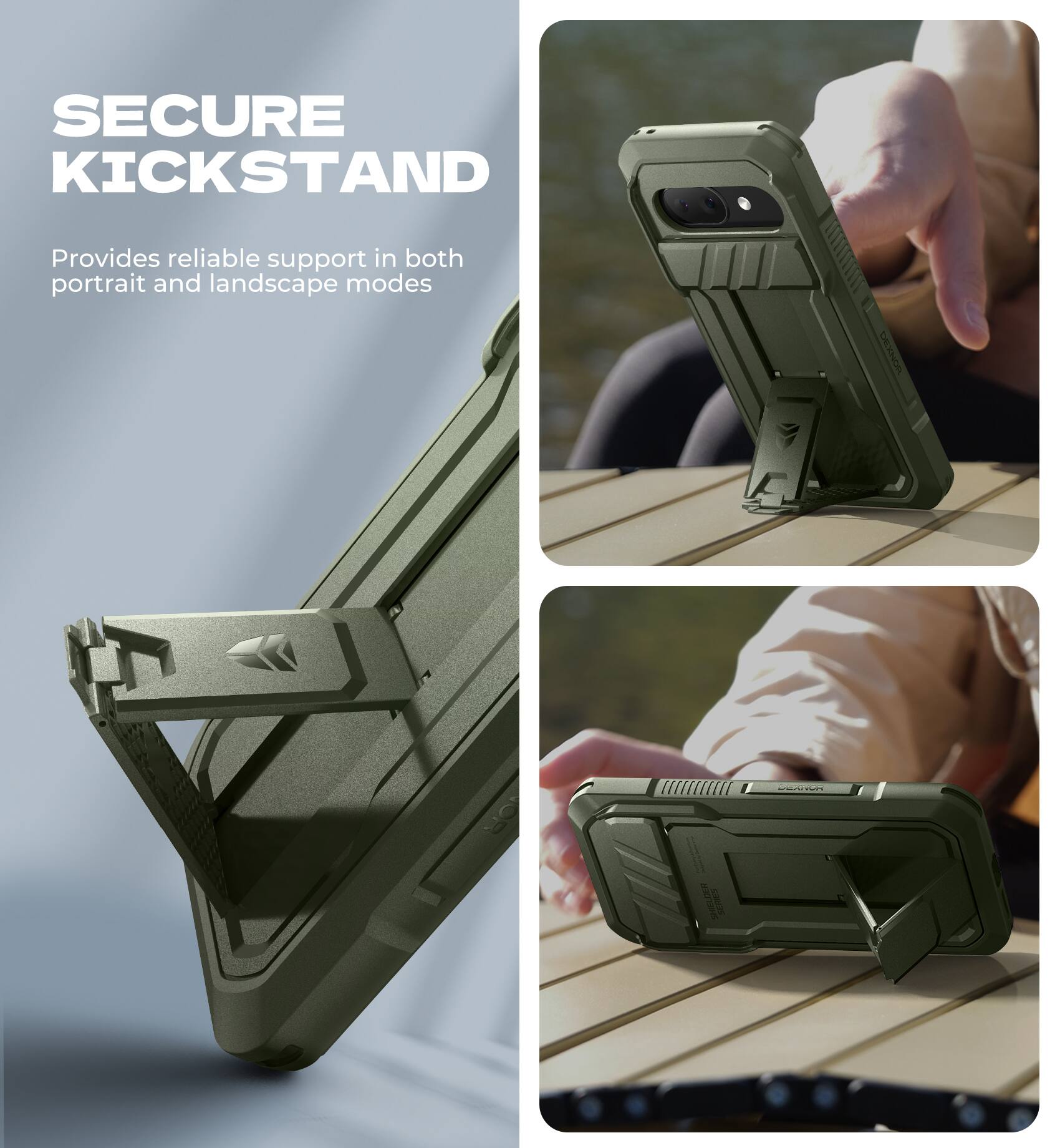 SECURE KICKSTAND Provides reliable support in both portrait and landscape modes CALXONOR