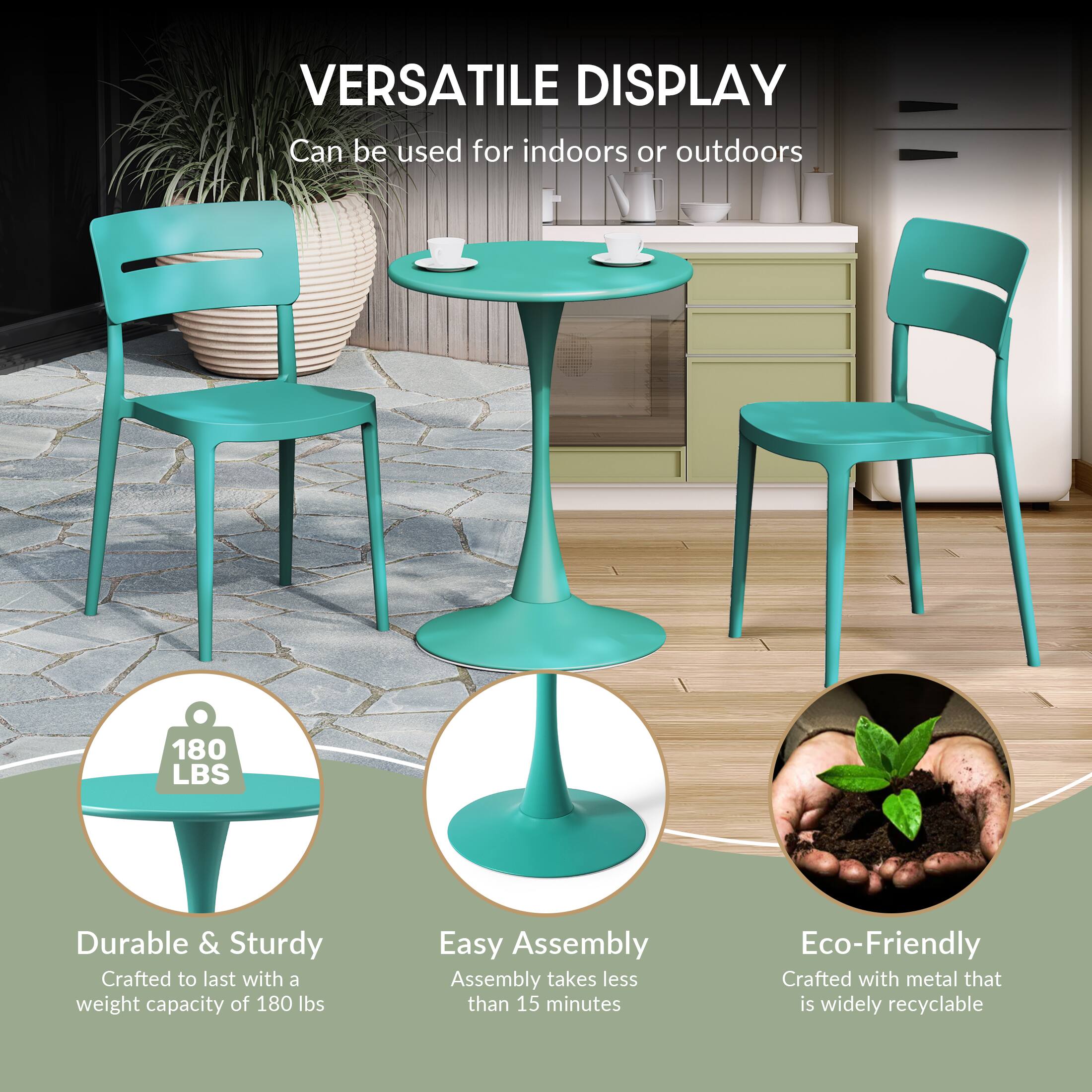 VERSATILE DISPLAY  
Can be used for indoors or outdoors  

180 LBS  
Durable & Sturdy  
Crafted to last with a weight capacity of 180 lbs  

Easy Assembly  
Assembly takes less than 15 minutes  

Eco-Friendly  
Crafted with metal that is widely recyclable