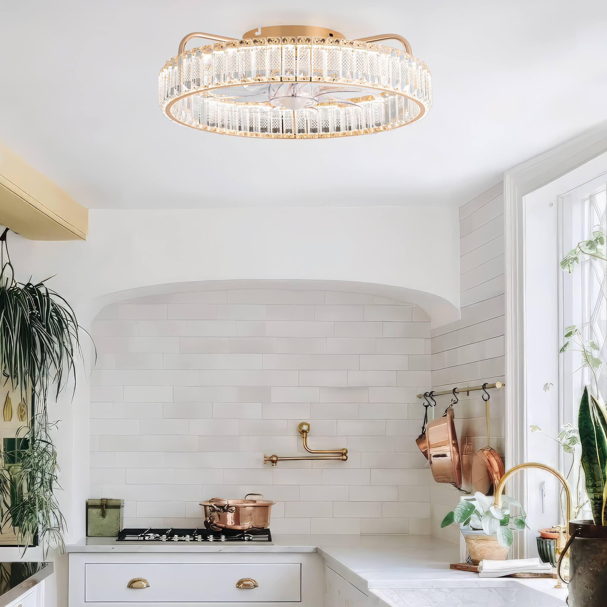 Back. Breezary - 20-Inch Modern Flush Mount Crystal Cage Fan with LED Light, Remote, 7 Transparent Blades, 6-Speed DC Motor - Golden.