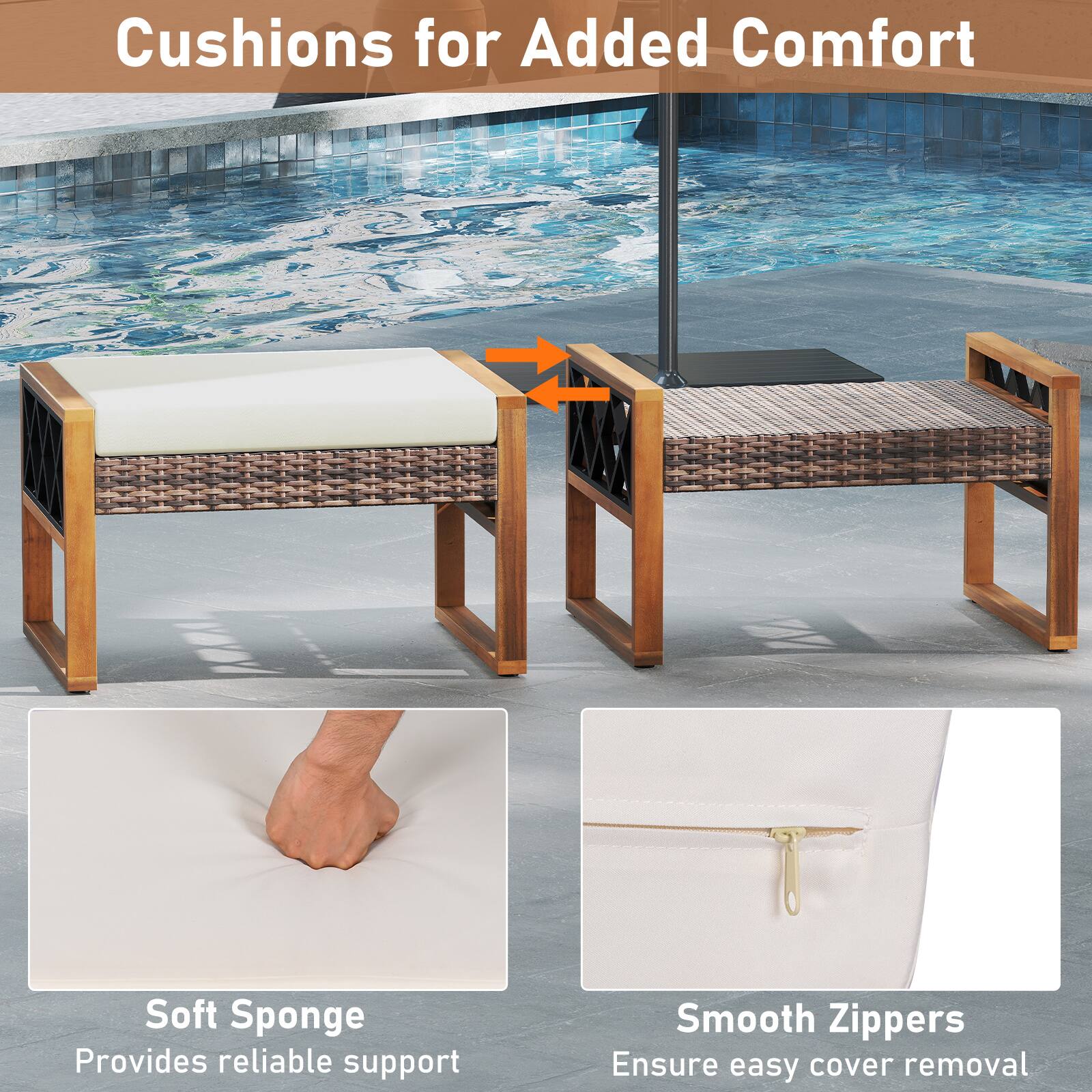 Cushions for Added Comfort

Soft Sponge  
Provides reliable support

Smooth Zippers  
Ensure easy cover removal