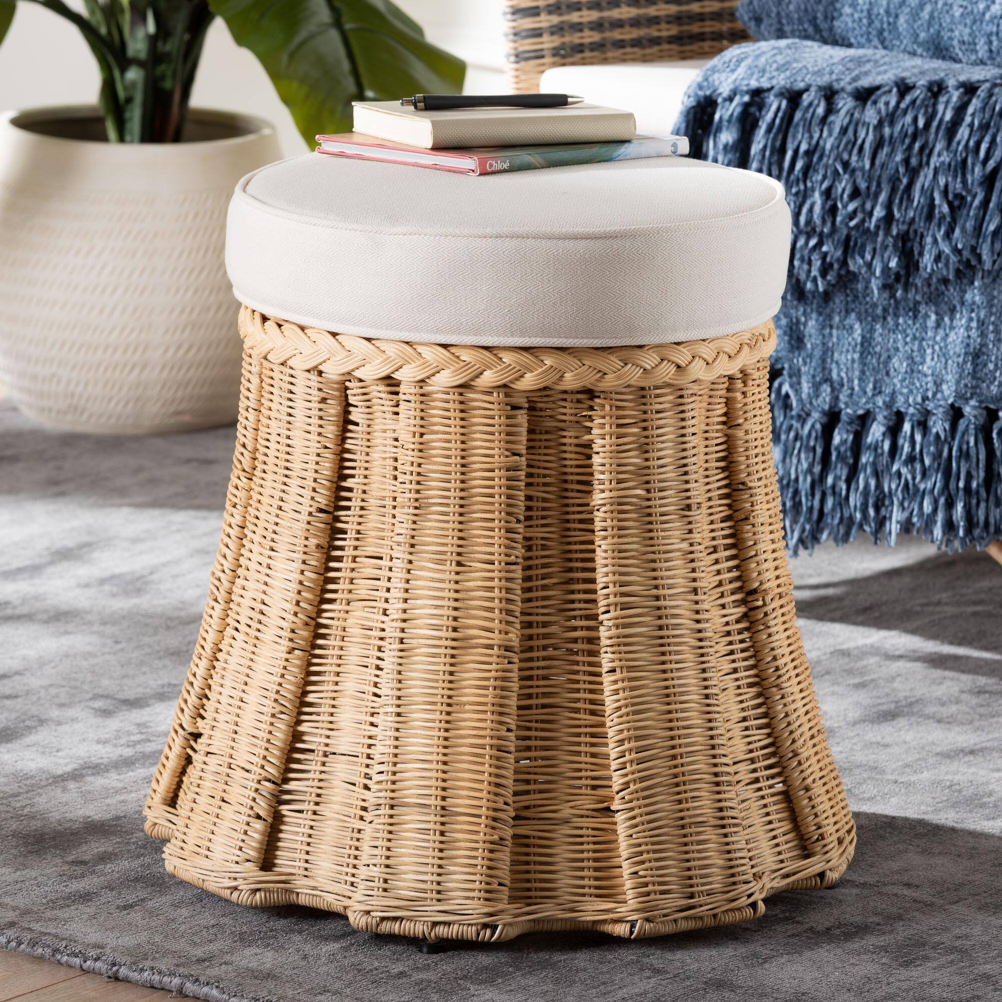 Alt View 1. bali & pari - Ying Round Natural Rattan Ottoman with Cushion - Handwoven Wicker Pleated Skirt Accent Coffee Table, Small - Natural Brown.