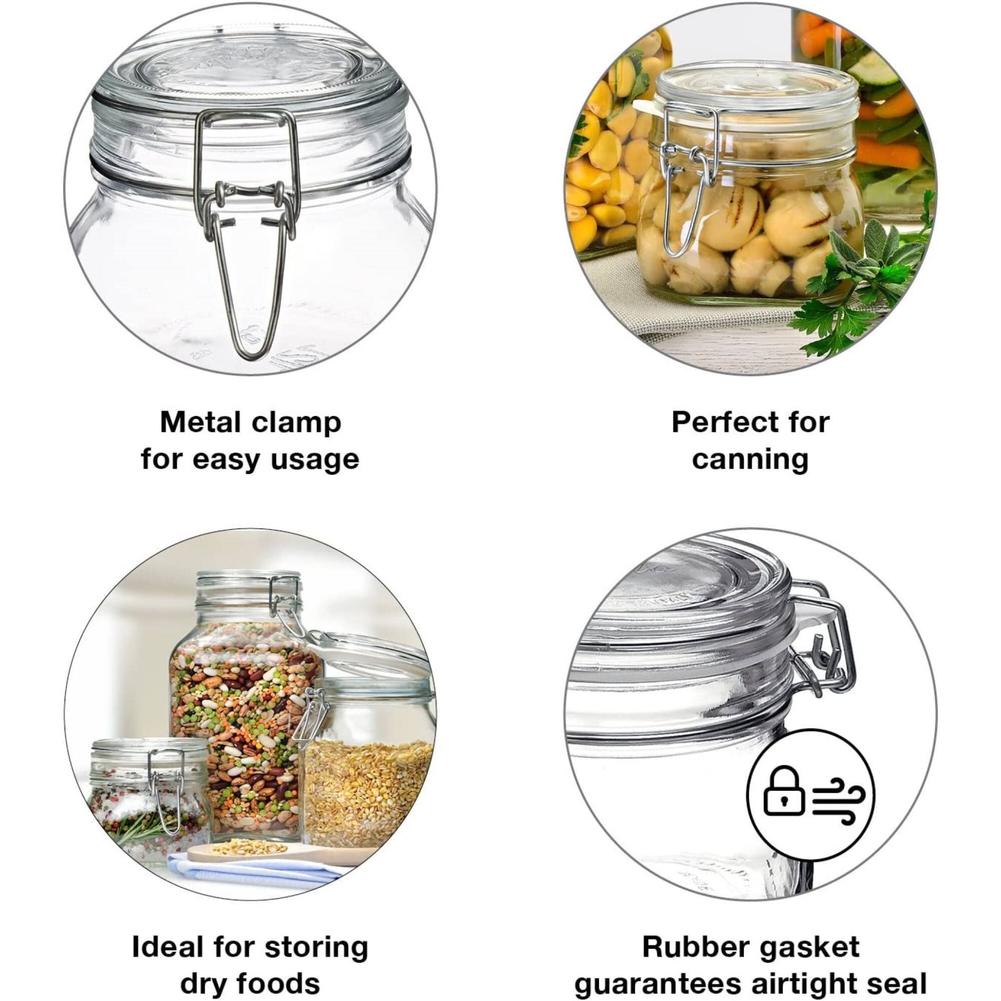 Metal clamp for easy usage  
Perfect for canning  
Ideal for storing dry foods  
Rubber gasket guarantees airtight seal