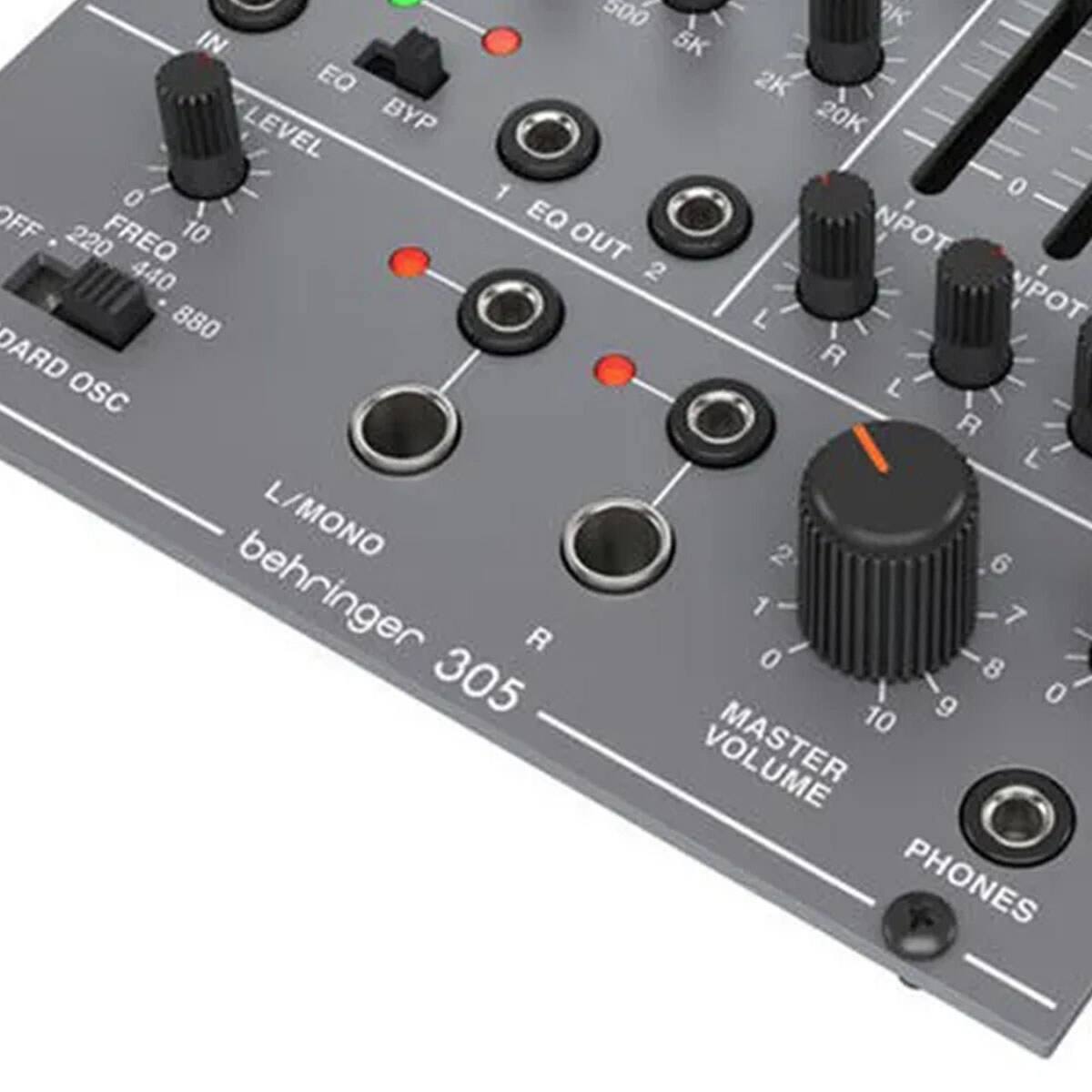 500 IN 5K EQ 2K LEVEL BYP 20K 0 1 0 OFF 10 EQ NPOT 220 FREQ OUT 440 2 880 L POT OARD R OSC L R L/MONO 2 6 behringer R 1 0 7 305 8 9 0 10 MASTER PHONES