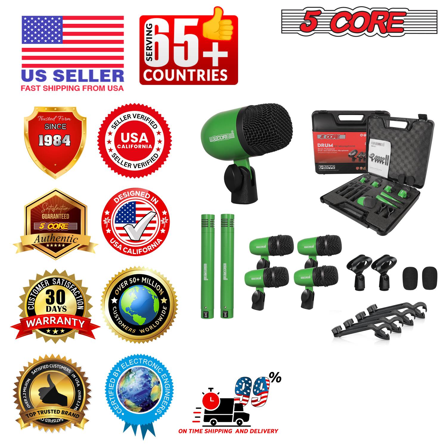 Sure, here is the corrected and grouped text from the image:

---

**US SELLER**  
FAST SHIPPING FROM USA

**SERVING 65+ COUNTRIES**

**5 CORE**  
Authentic  
DESIGNED IN USA  
CALIFORNIA  
SELLER VERIFIED  
USA CALIFORNIA  
SINCE 1984  
SATISFACTION GUARANTEED  
30 DAYS WARRANTY  
OVER 50+ MILLION CUSTOMERS WORLDWIDE  
SATISFIED CUSTOMERS IN USA  
TOP TRUSTED BRAND  
CERTIFIED BY ELECTRONIC ENGINEERING  
ON TIME SHIPPING AND DELIVERY  
%  
100% SATISFACTION GUARANTEED  
5 CORE  
USA SELLER  
DESIGNED IN USA  
CALIFORNIA  
SELLER VERIFIED  
USA CALIFORNIA  
SINCE 1984  
SATISFACTION GUARANTEED  
30 DAYS WARRANTY  
OVER 50+ MILLION CUSTOMERS WORLDWIDE  
SATISFIED CUSTOMERS IN USA  
TOP TRUSTED BRAND  
CERTIFIED BY ELECTRONIC ENGINEERING  
ON TIME SHIPPING AND DELIVERY  

---

This text is grouped and corrected to reflect the information