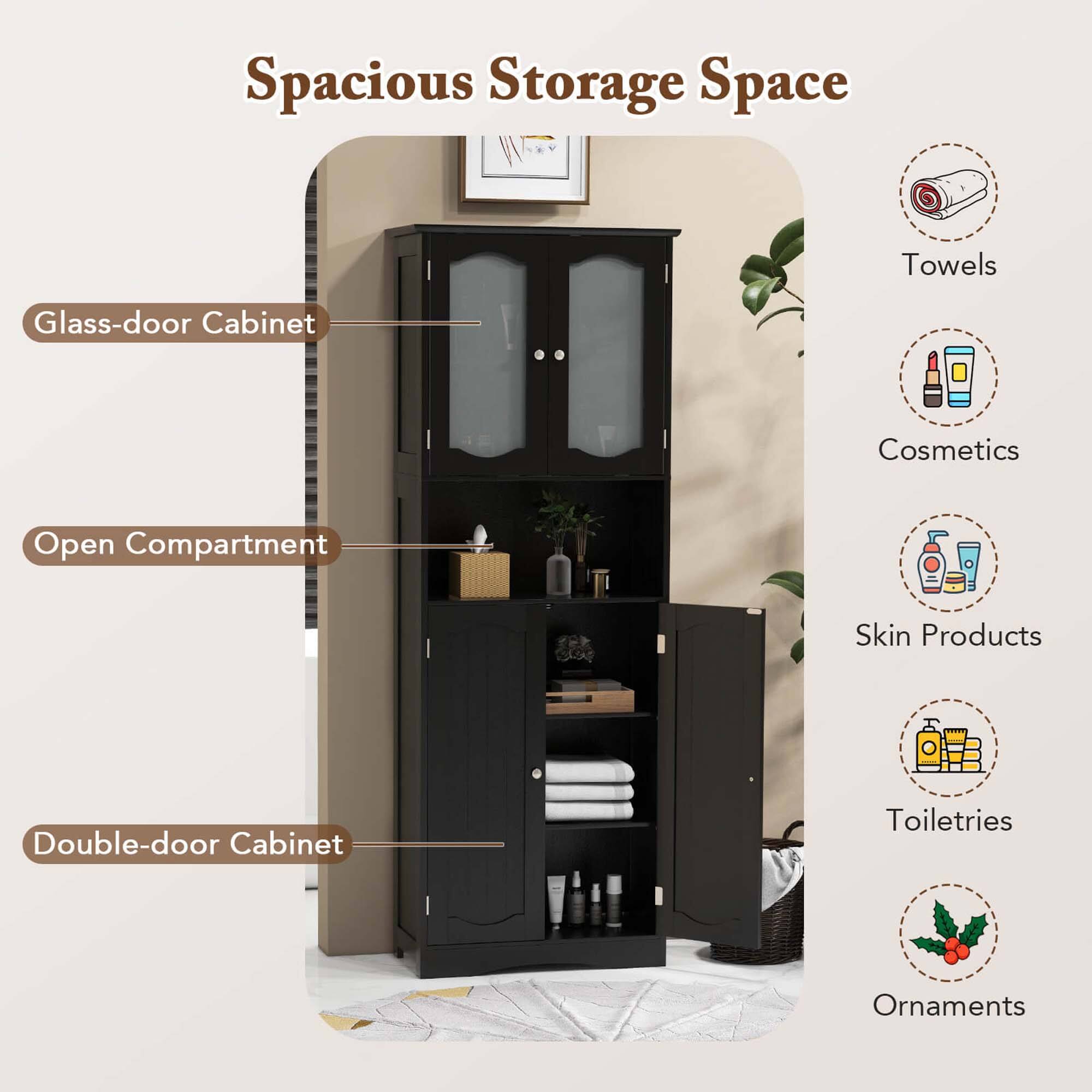 Spacious Storage Space

Glass-door Cabinet
Open Compartment
Double-door Cabinet

Towels
Cosmetics
Skin Products
Toiletries
Ornaments