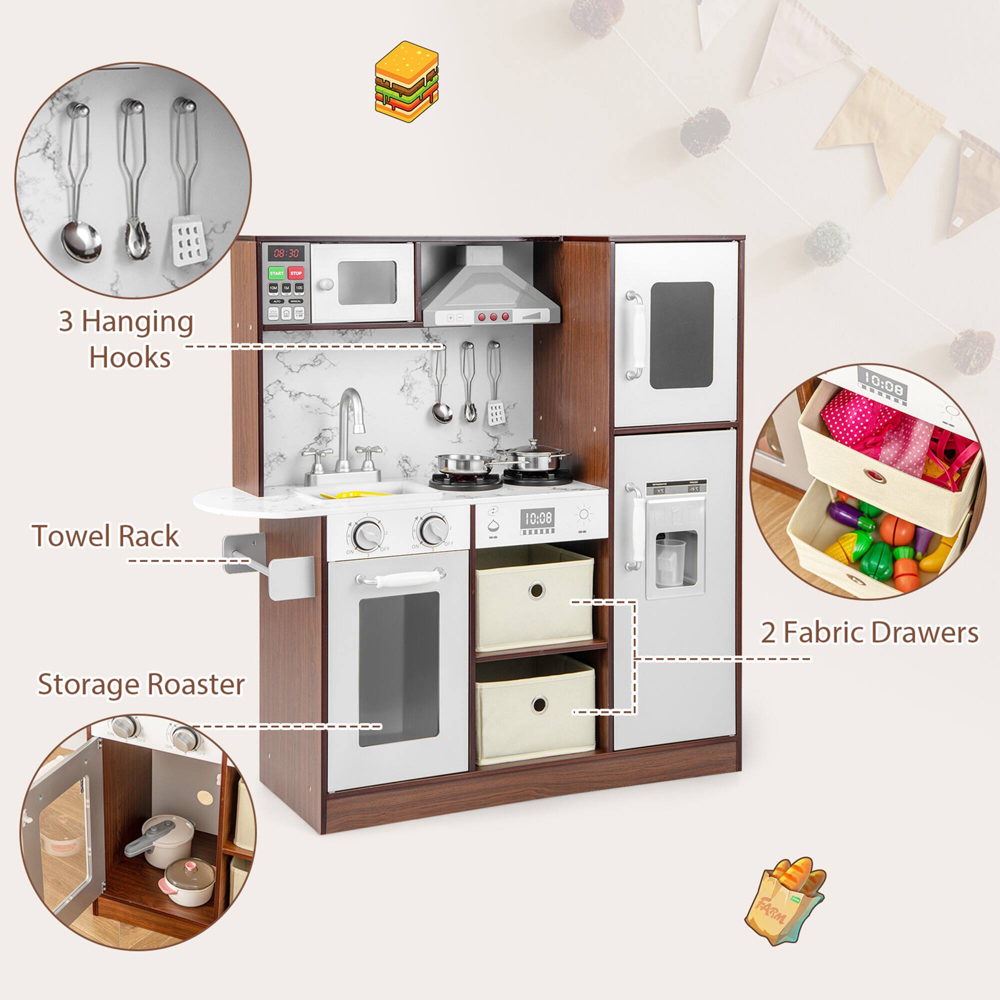 1. 09:20 - 3 Hanging Hooks
2. 10:08 - Towel Rack
3. 10:08 - Storage Roaster
4. 2 Fabric Drawers