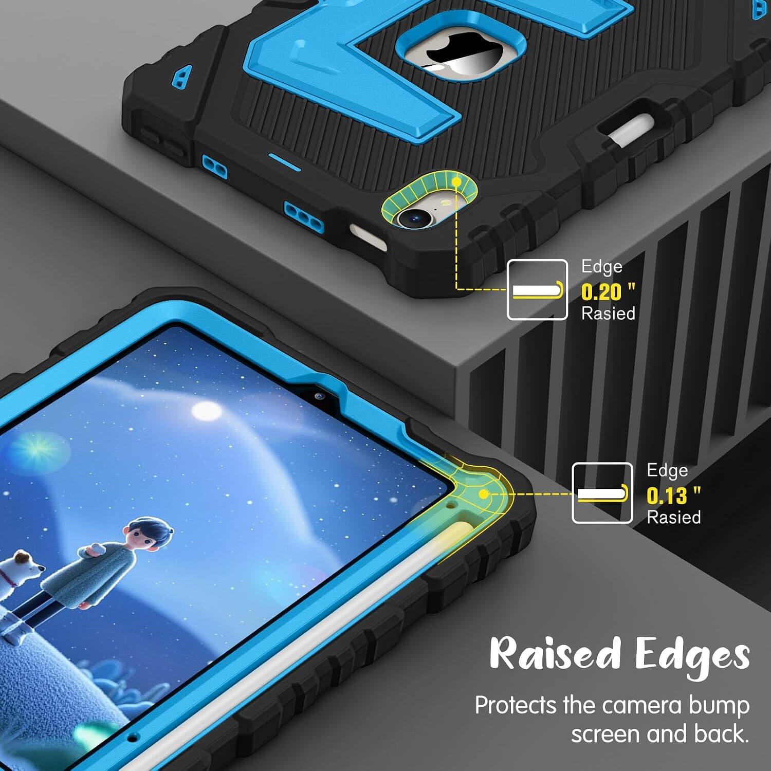 A
Edge 0.20" Raised
Edge 0.13" Raised
Raised Edges Protects the camera bump screen and back.