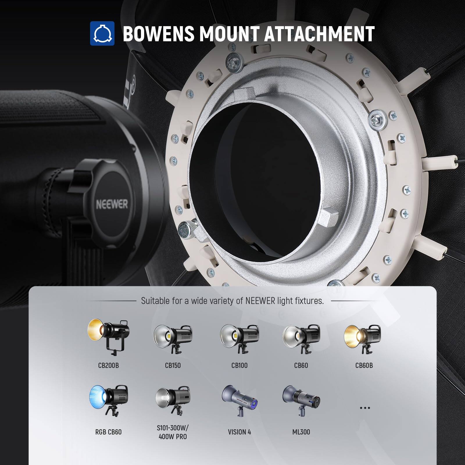 BOWENS MOUNT ATTACHMENT

Suitable for a wide variety of NEEWER light fixtures.

CB200B  
CB150  
CB100  
CB60  
CB60B  
RGB CB60  
S101-300W/400W PRO  
VISION 4  
ML300