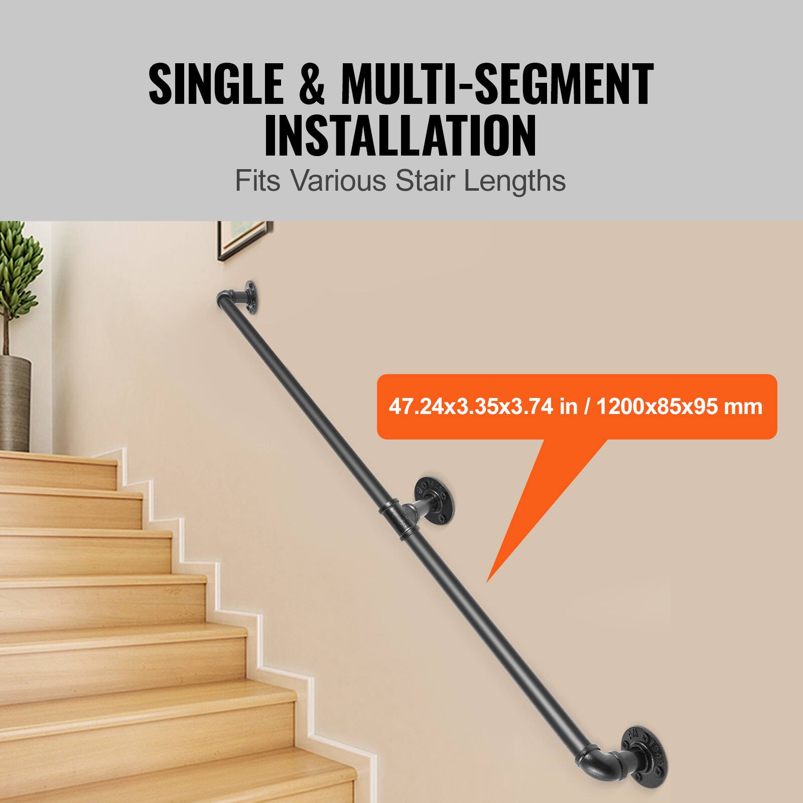 The corrected text is:

"SINGLE & MULTI-SEGMENT INSTALLATION Fits Various Stair Lengths 47.24x3.35x3.74 in / 1200x85x95 mm"