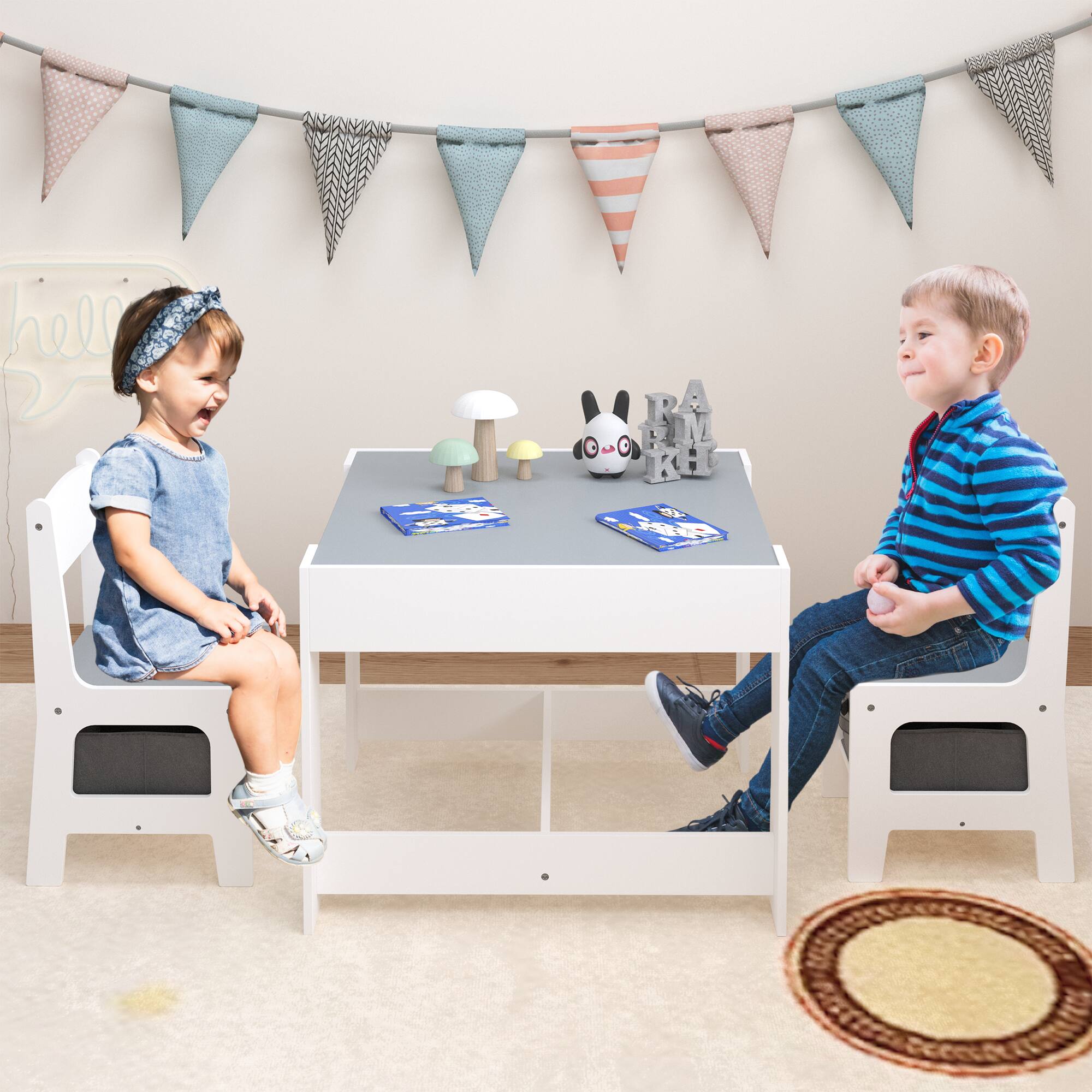 Alt View 5. Tiramisubest - Kids Table and Chair Set,3 in 1 Toddlers Wooden Activity Table with Storage Drawer,2 in 1 Detachable Tabletop Table Set - White.