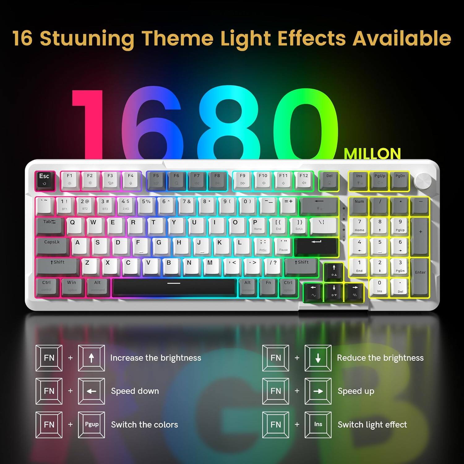 16 Stunning Theme Light Effects Available

1680 MILLION

Esc F1 F2 F3 F4 F5 F6 F7 F8 F9 F10 F11 F12

Del Ins PgUp PgDn

1 2 3 4 5 6 7 8 9 0

Q W E R T Y U I O P

A S D F G H J K L

Z X C V B N M

CapsLk Shift

Ctrl Win Alt

Increase the brightness FN + Up

Reduce the brightness FN + Down

Speed down FN + Left

Speed up FN + Right

Switch the colors FN + PgUp

Switch light effect FN + Ins