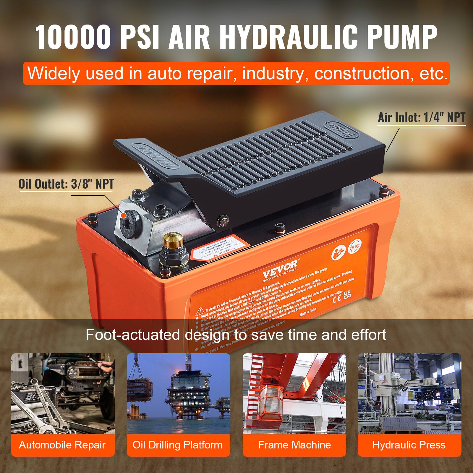 10000 PSI AIR HYDRAULIC PUMP

Widely used in auto repair, industry, construction, etc.

GE Oil Outlet: 3/8" NPT
Air Inlet: 1/4" NPT

Foot-actuated design to save time and effort

Automobile Repair
Oil Drilling Platform
Frame Machine
Hydraulic Press