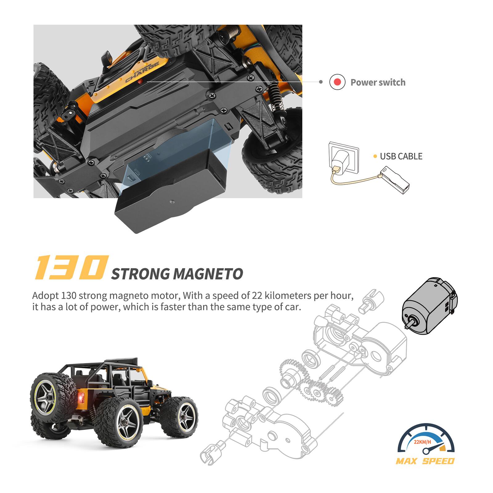 **130 STRONG MAGNETO**

Adopt 130 strong magneto motor, With a speed of 22 kilometers per hour, it has a lot of power, which is faster than the same type of car.

- **Power switch**
- **USB CABLE**

**22KM/H MAX SPEED**