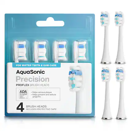 FOR WHITER TEETH & GUM CARE
AquaSonic Precision
PROFLEX BRUSH HEADS
ADA Accepted
Helps remove plaque
Helps prevent and reduce gingivitis
4 BRUSH HEADS
INCLUDES PROTECTIVE CAPS