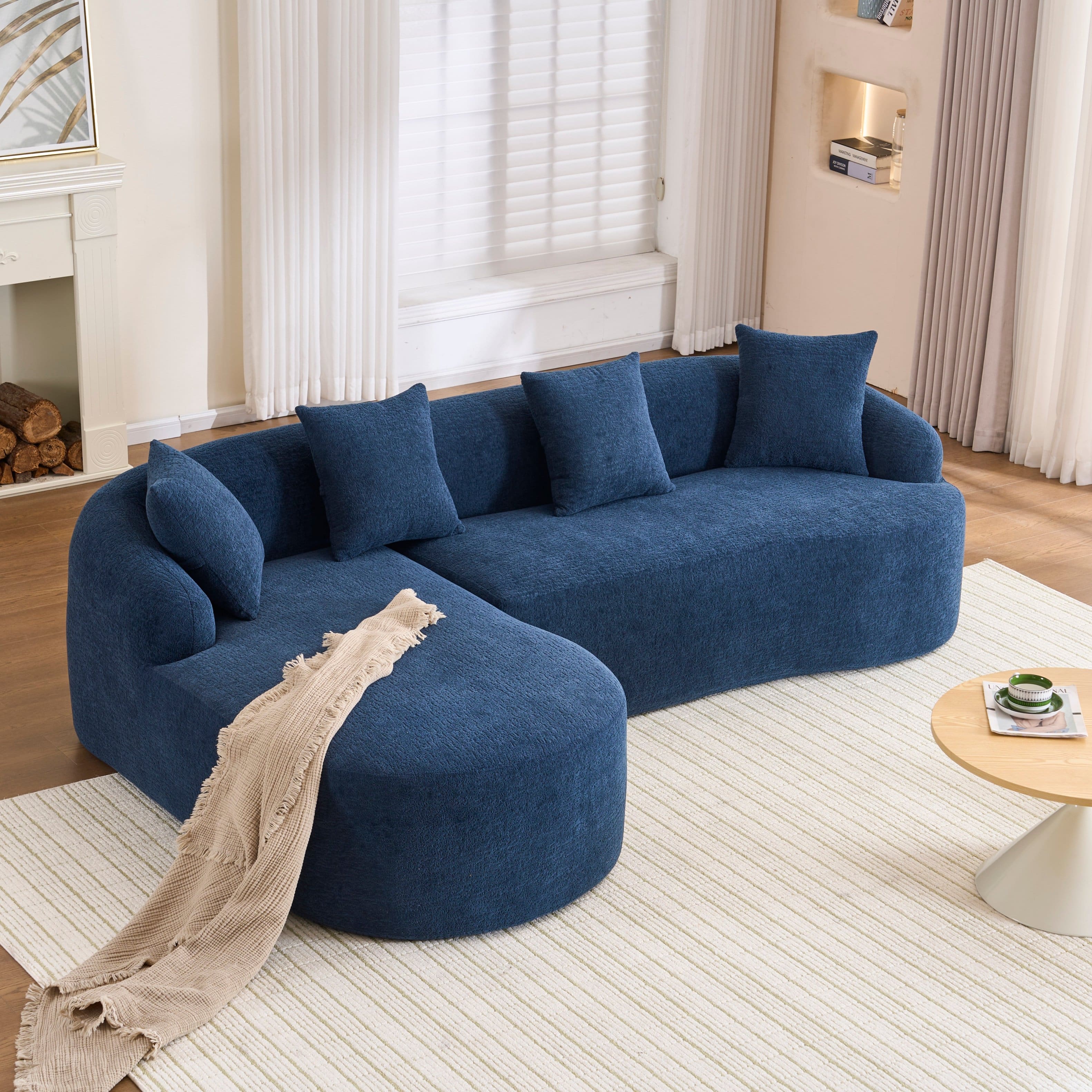 Anysun - L-Shape Chenille Sectional Sofa - Curved Chaise, Modular Boneless Design, 30D High-Density Foam, Sleeper for Living Room - Blue