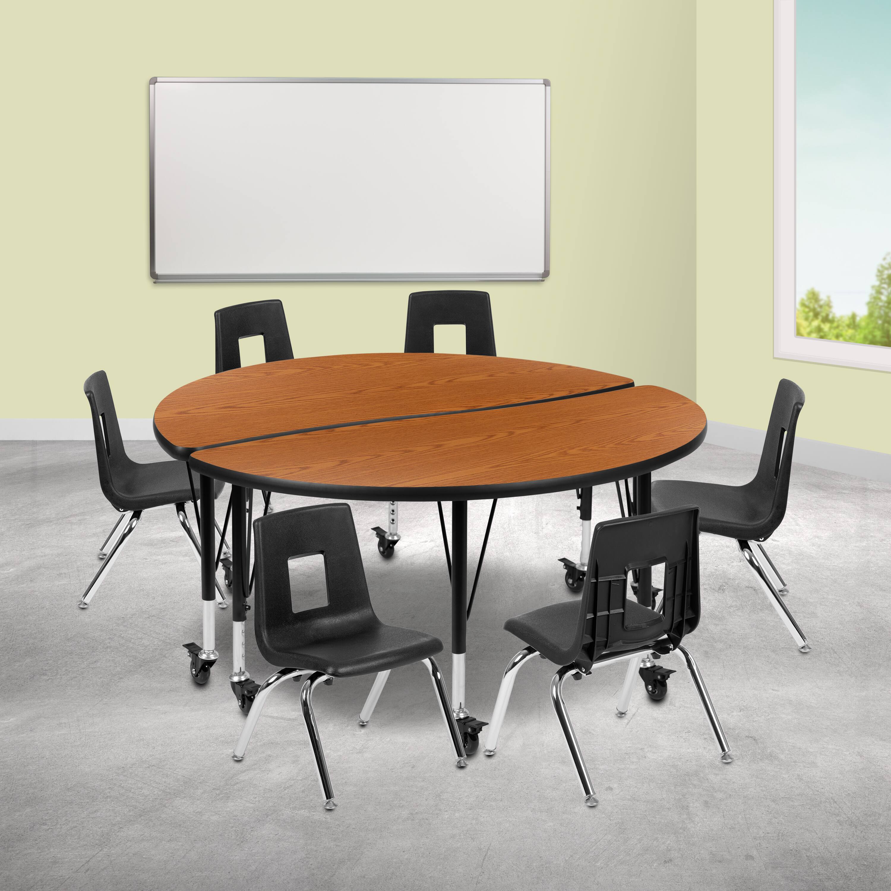 "Emma + Oliver - Mobile 47.5"" Circle Wave Collaborative Laminate Activity Table Set with 14"" Student Stack Chairs, Grey/Black - Oak" price history on PriceWatchPro