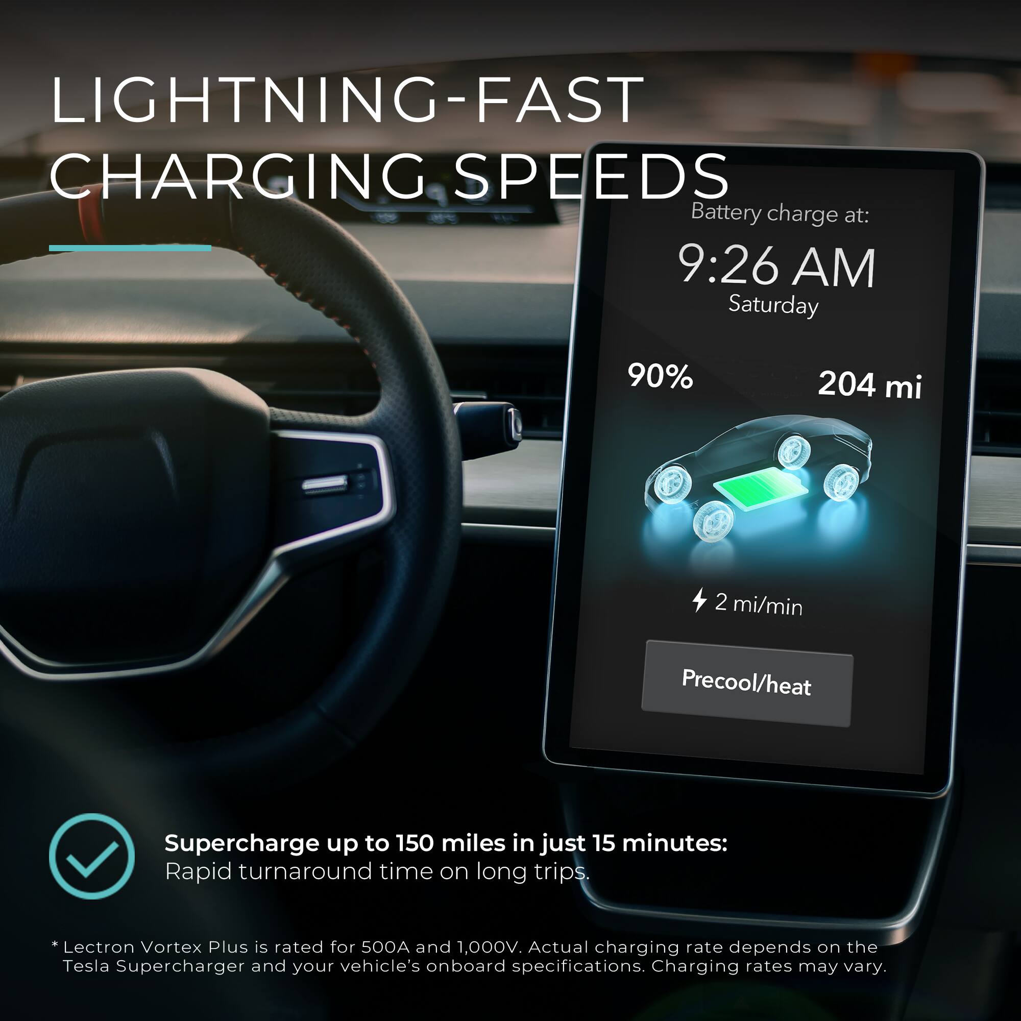 LIGHTNING-FAST CHARGING SPEEDS

Battery charge at: 9:26 AM Saturday
90%
204 mi
2 mi/min
Precool/heat

Supercharge up to 150 miles in just 15 minutes: Rapid turnaround time on long trips.

*Lectron Vortex Plus is rated for 500A and 1,000V. Actual charging rate depends on the Tesla Supercharger and your vehicle's onboard specifications. Charging rates may vary.