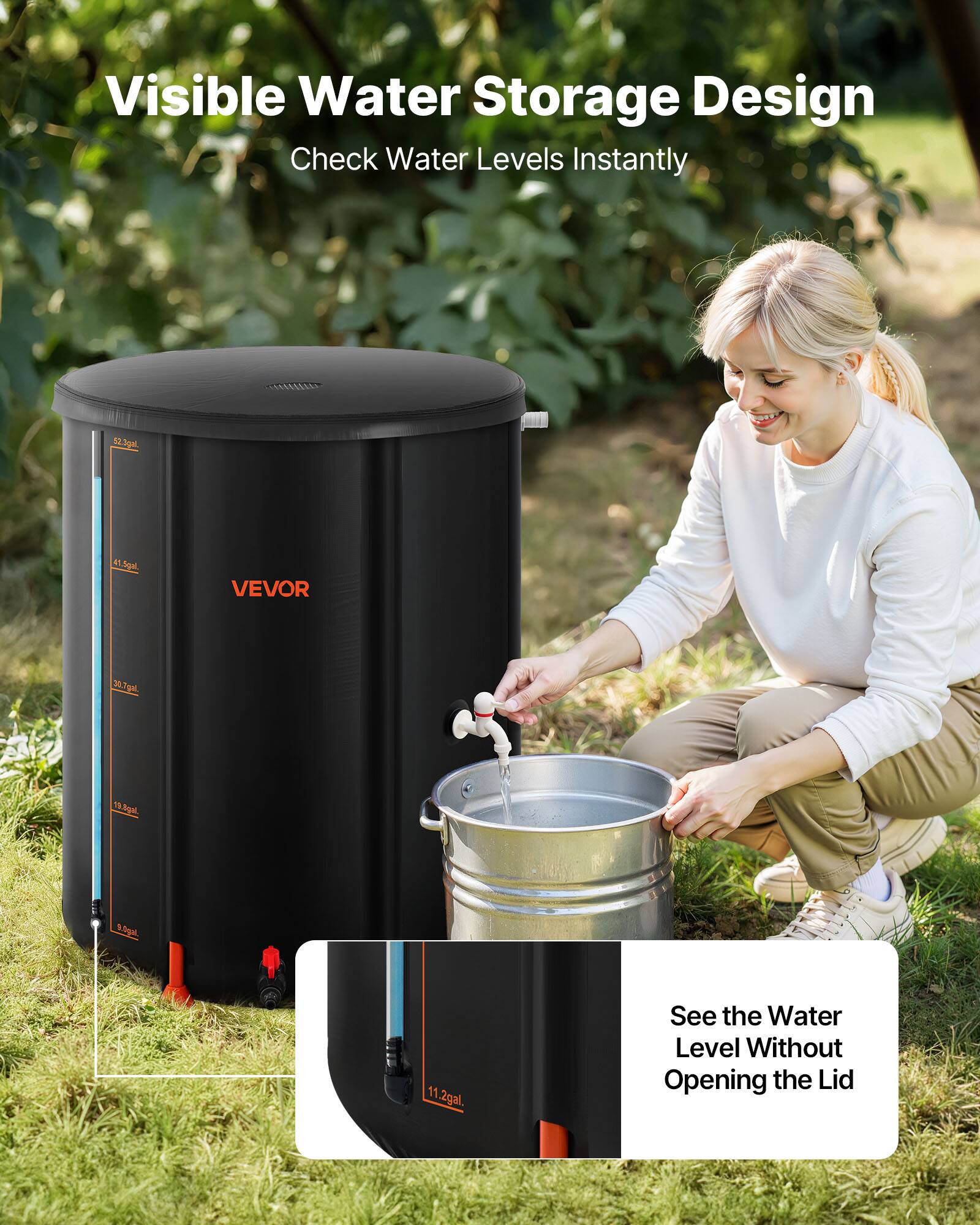 Visible Water Storage Design  
Check Water Levels Instantly  

VEVOR  

See the Water Level Without Opening the Lid  

12.3gal  
20.7gl  
41.5gal  
18gal  
11.2gal
