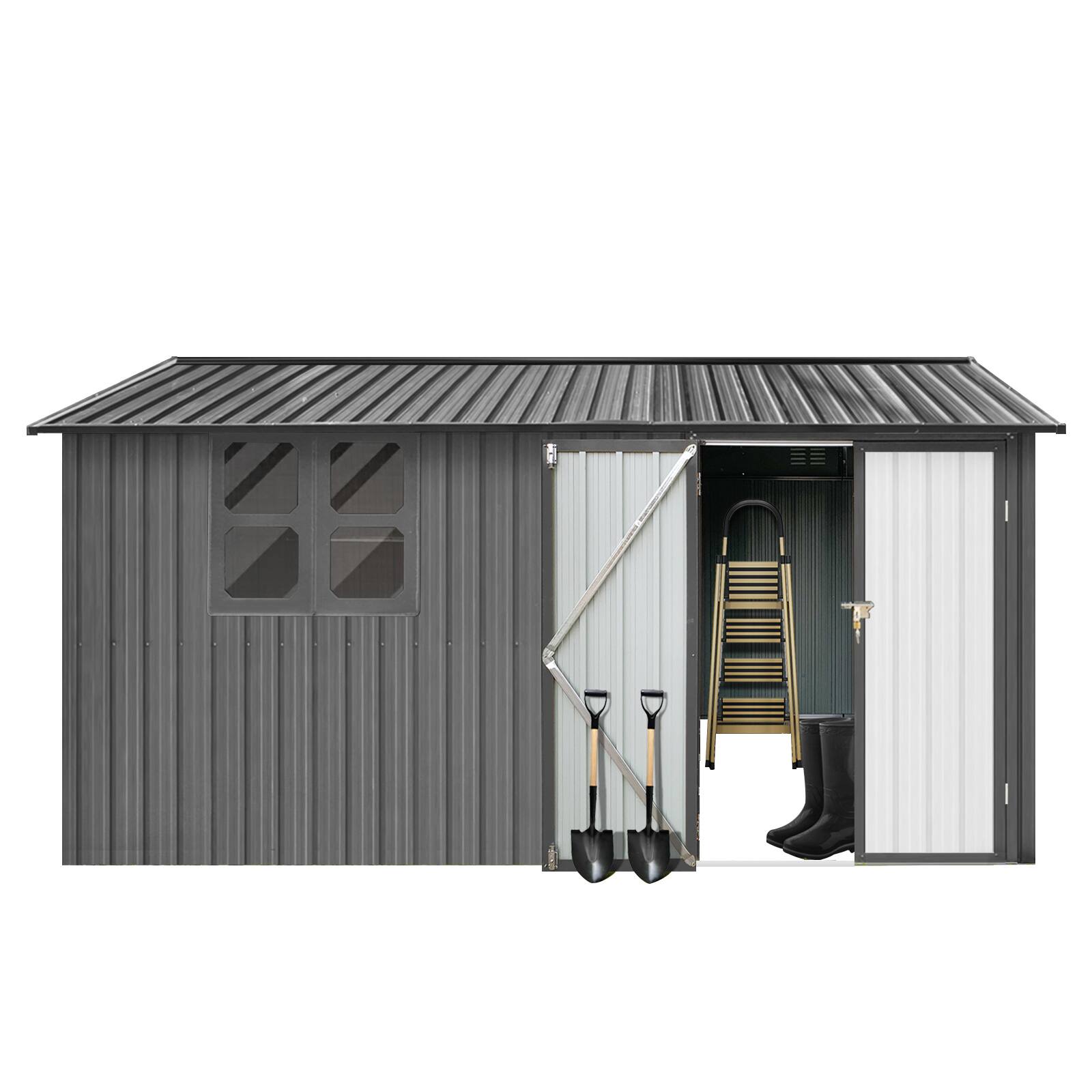 Alt View 2. Mondawe - 12x10 Ft Metal Garden Sheds with Window - Grey.