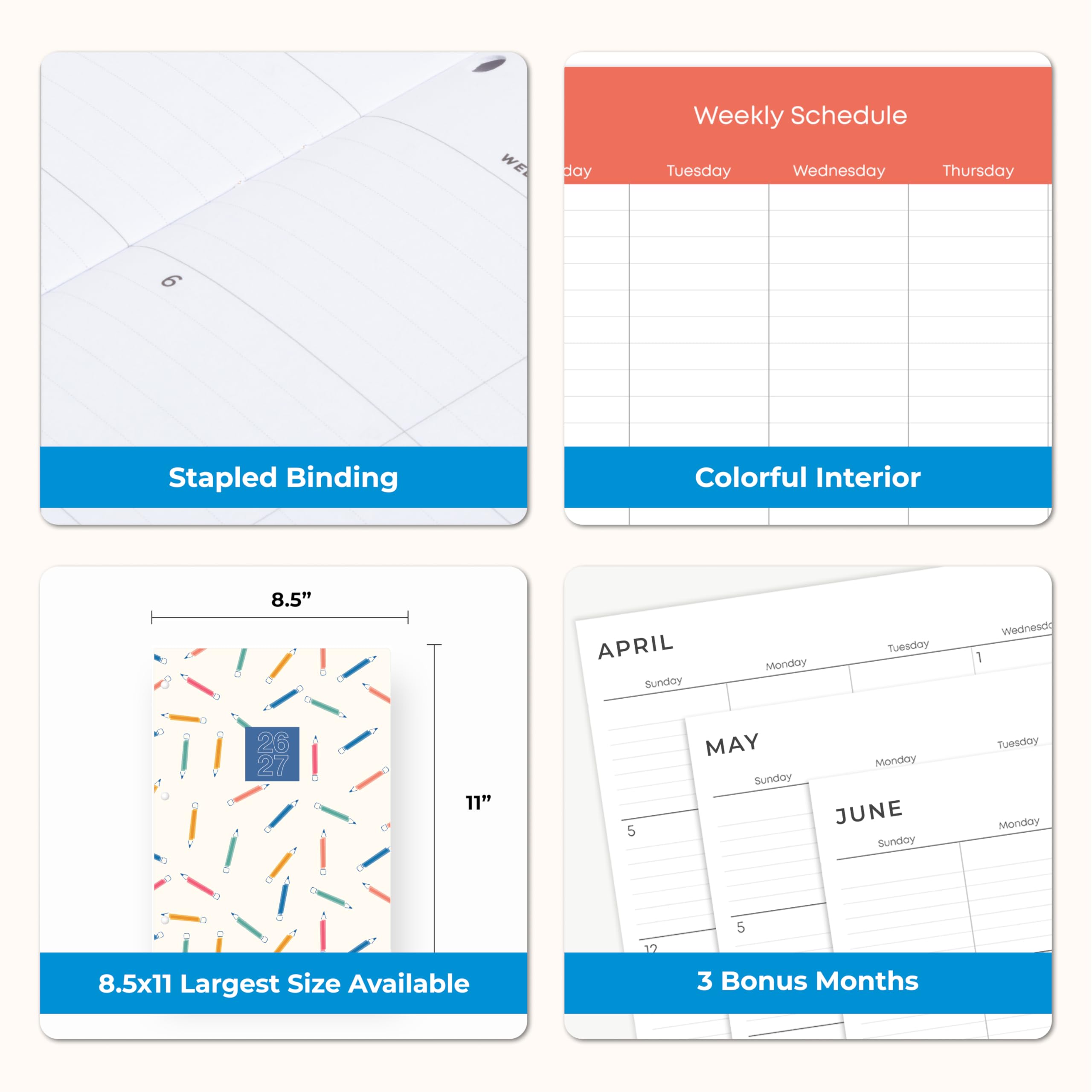 - Stapled Binding
- Colorful Interior
- 8.5x11 Largest Size Available
- 3 Bonus Months