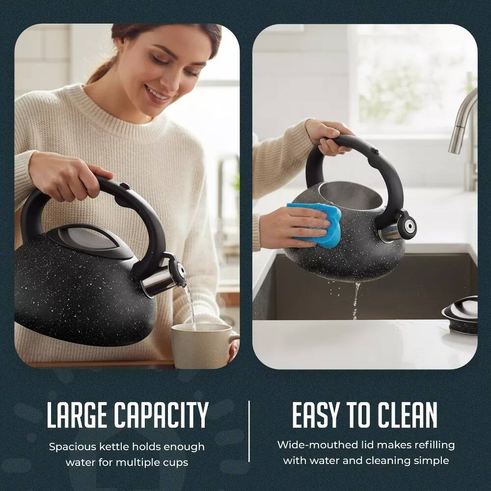 LARGE CAPACITY  
Spacious kettle holds enough water for multiple cups  

EASY TO CLEAN  
Wide-mouthed lid makes refilling with water and cleaning simple